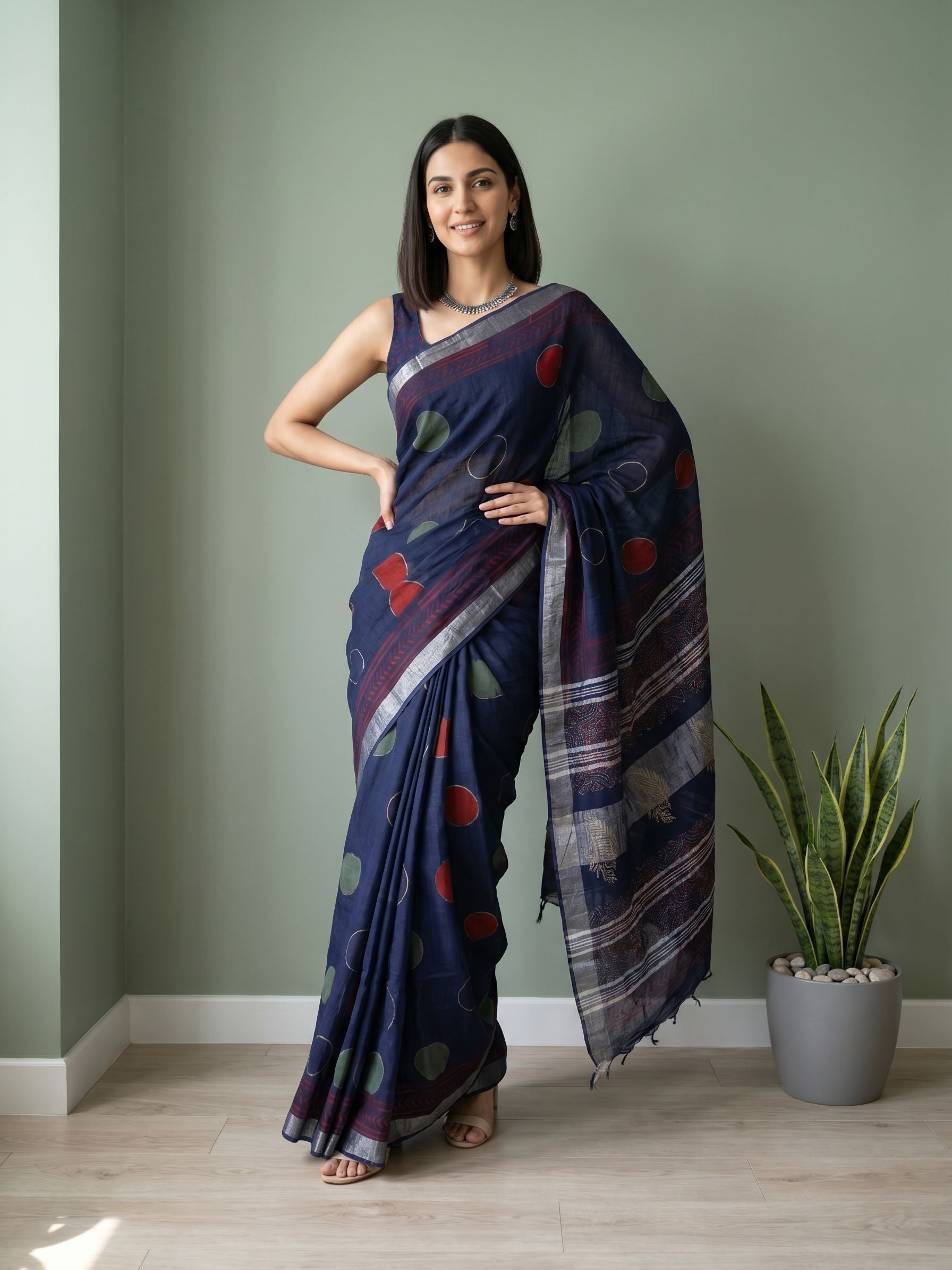 Woman wearing a blue saree with patterns standing against a plain wall.