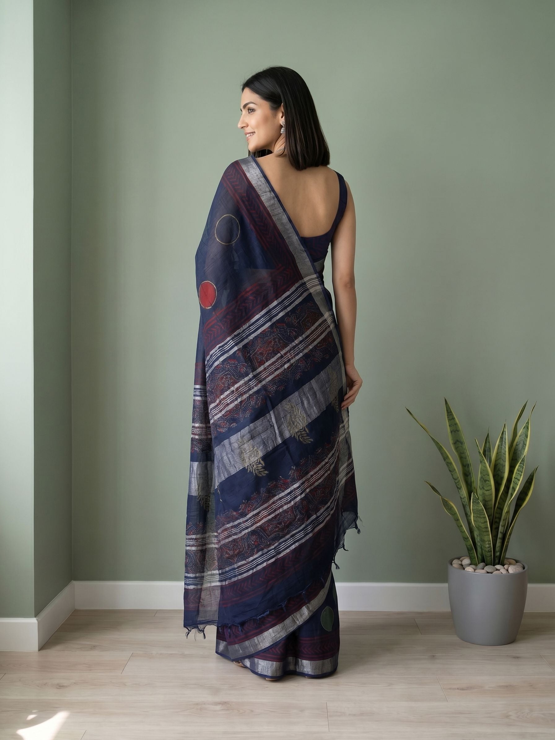 Linen Indigo Blue Geometric Polka Dot Printed Saree with Zari Border