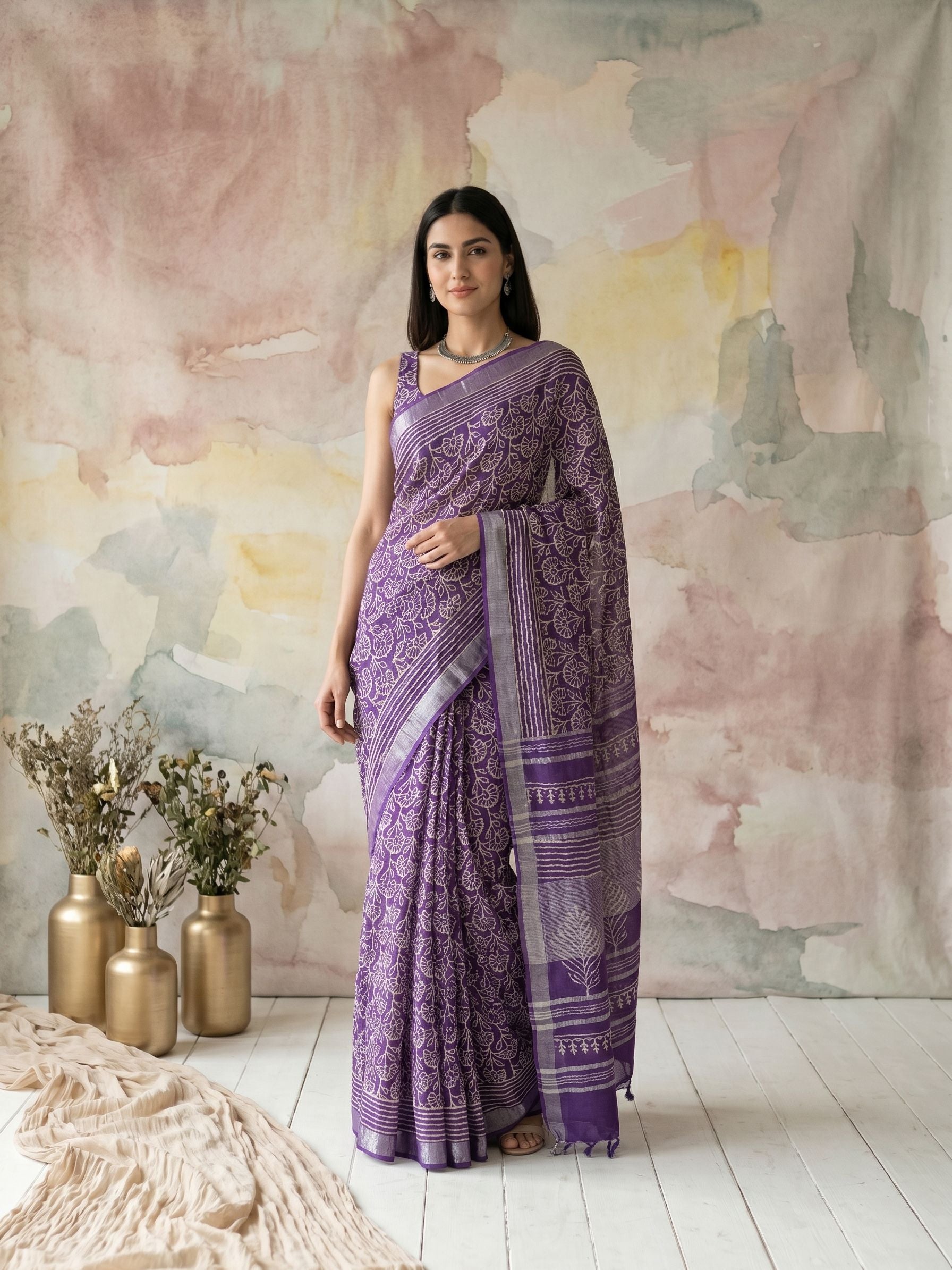 Linen  Royal Purple Traditional Vine Motif Saree