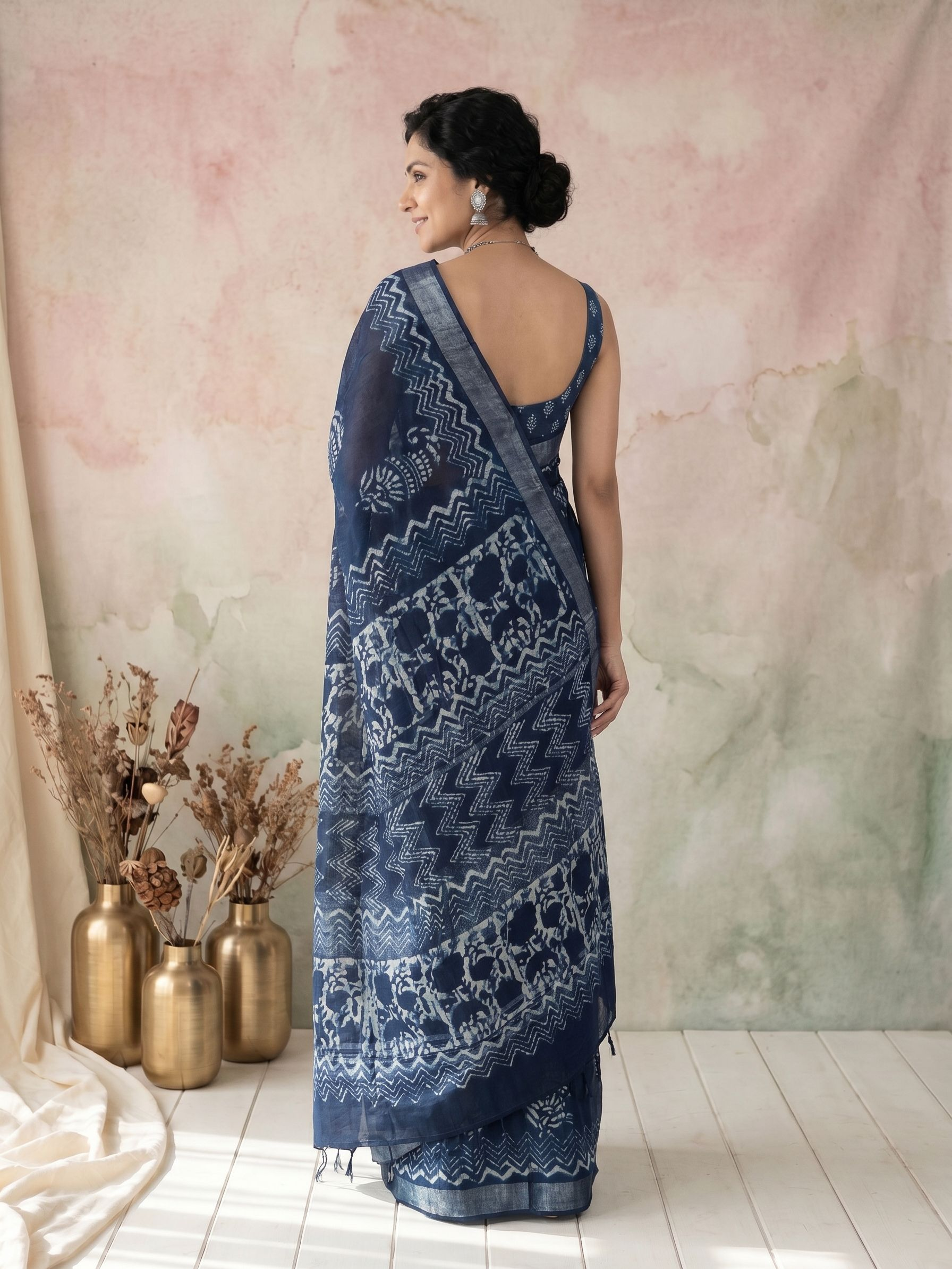 Linen  Dark Blue Traditional Kalka Motif Saree