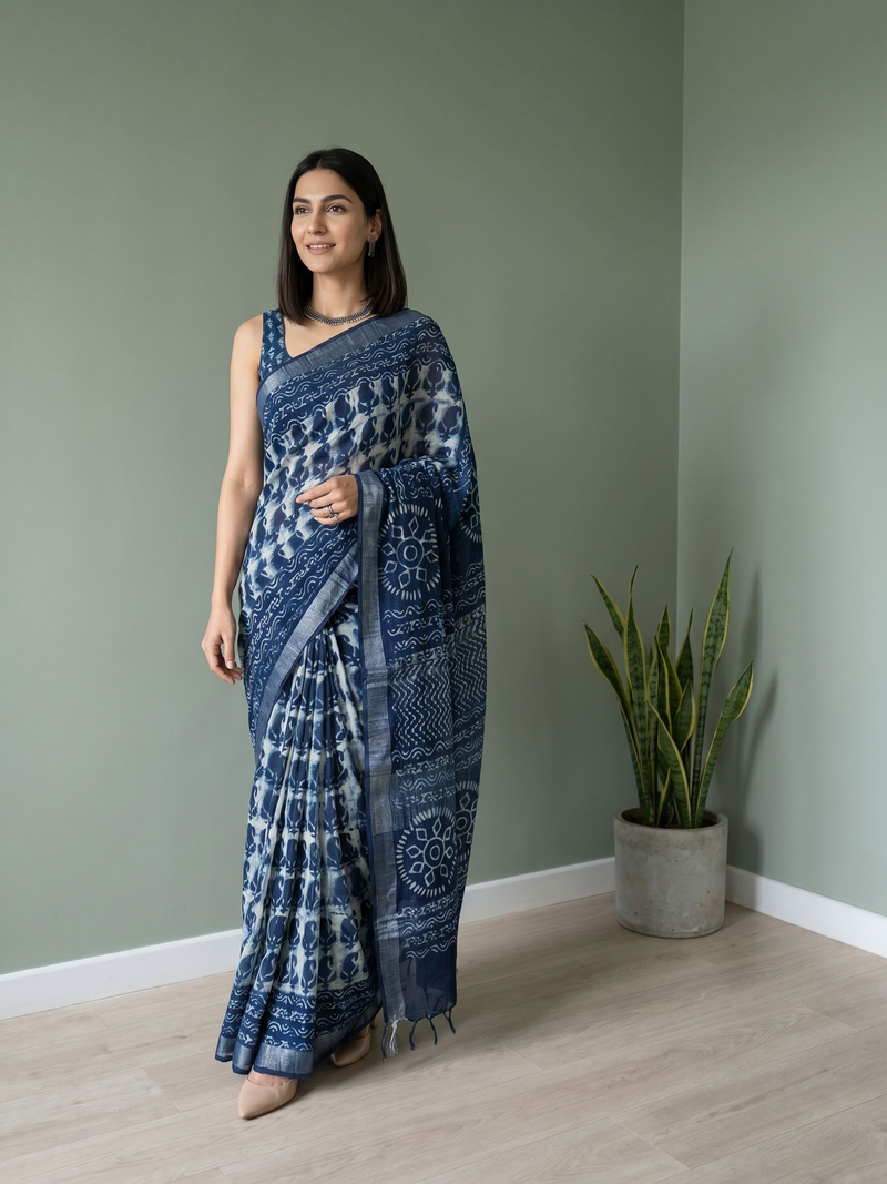 Woman wearing a blue and white saree standing in a room with a plant.