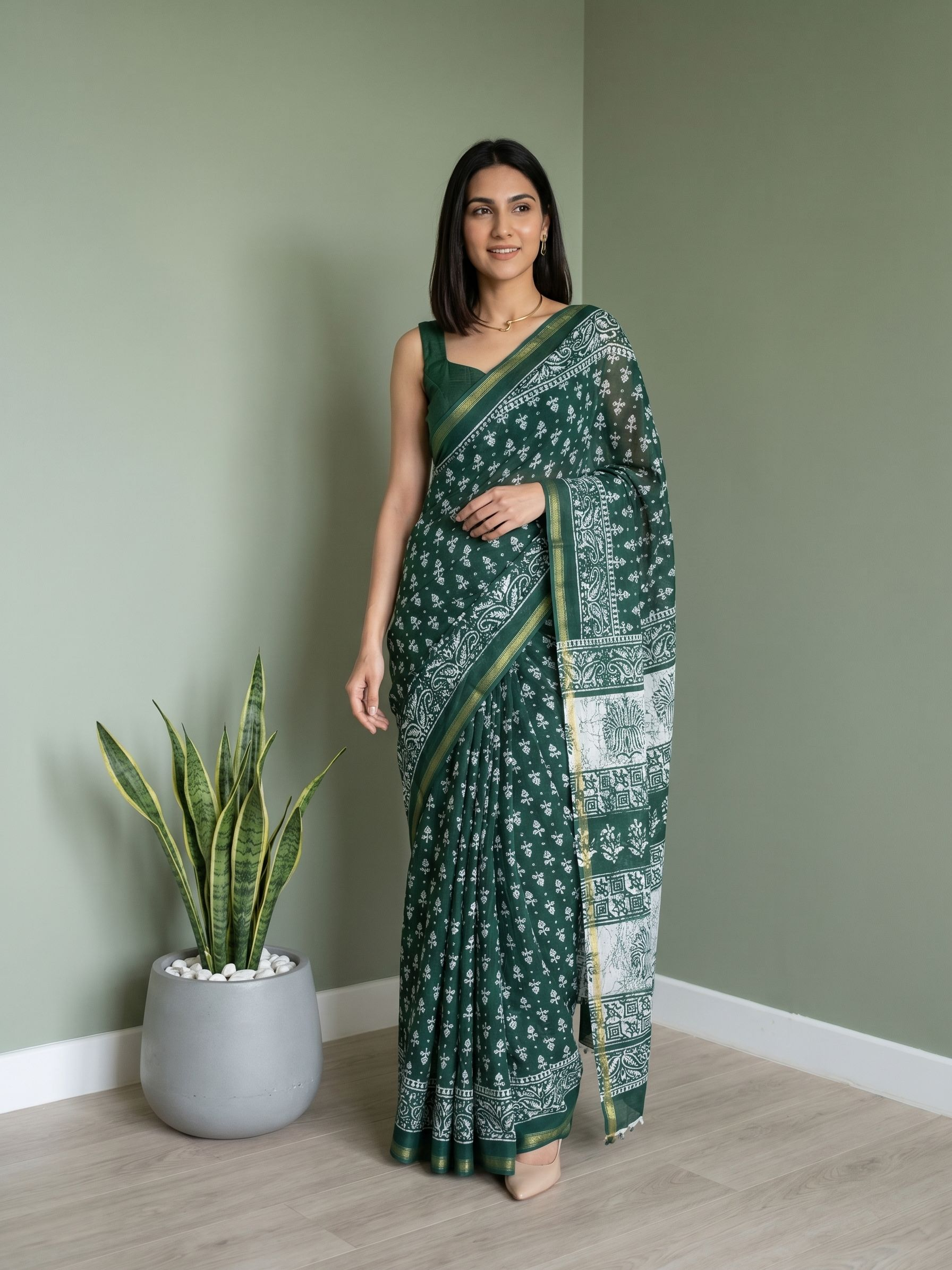Cotton Forest Green Floral Batik Printed Saree with Zari Border