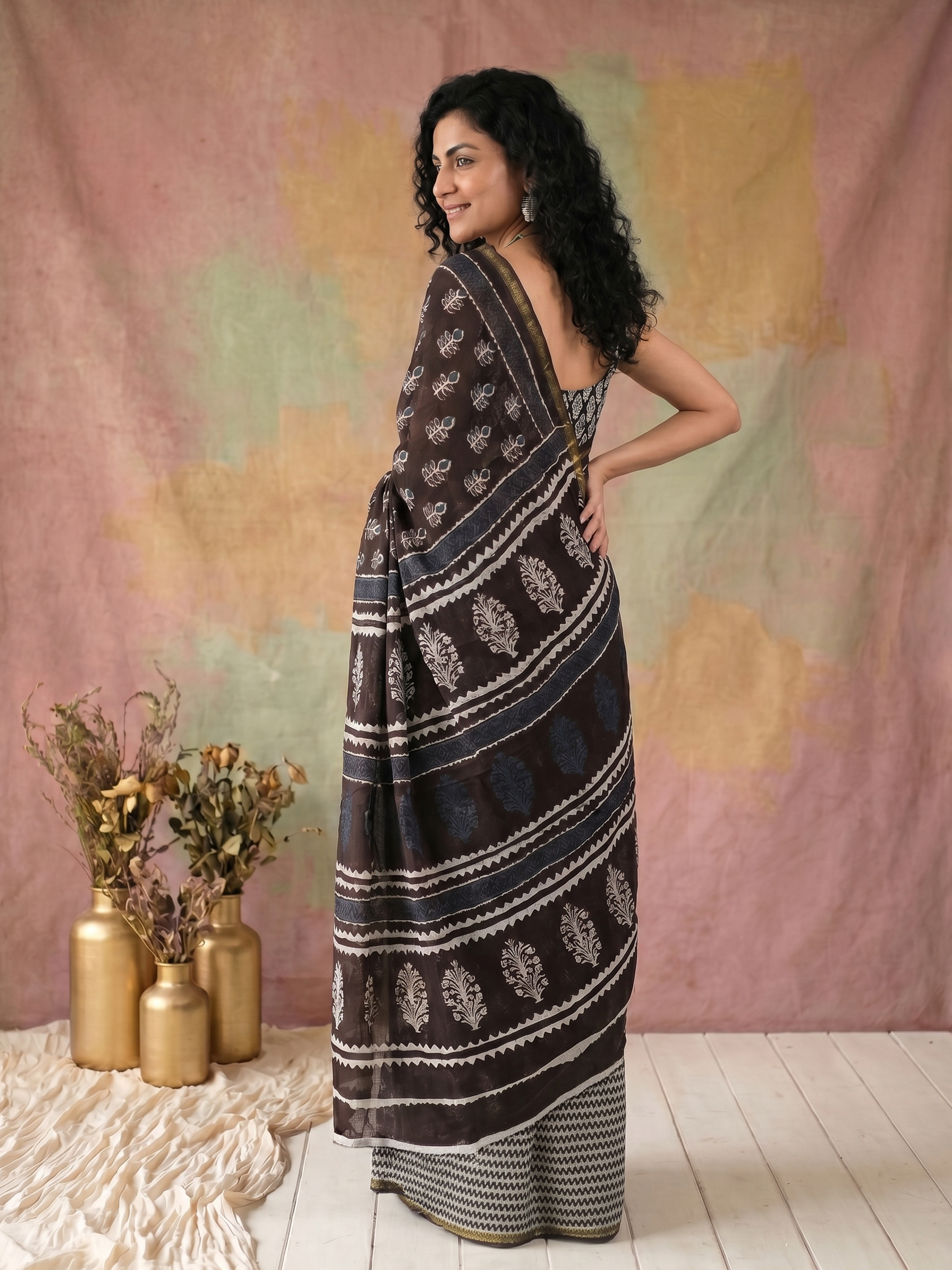 Cotton Dark Brown Leafy Block Printed Saree with Zari Border
