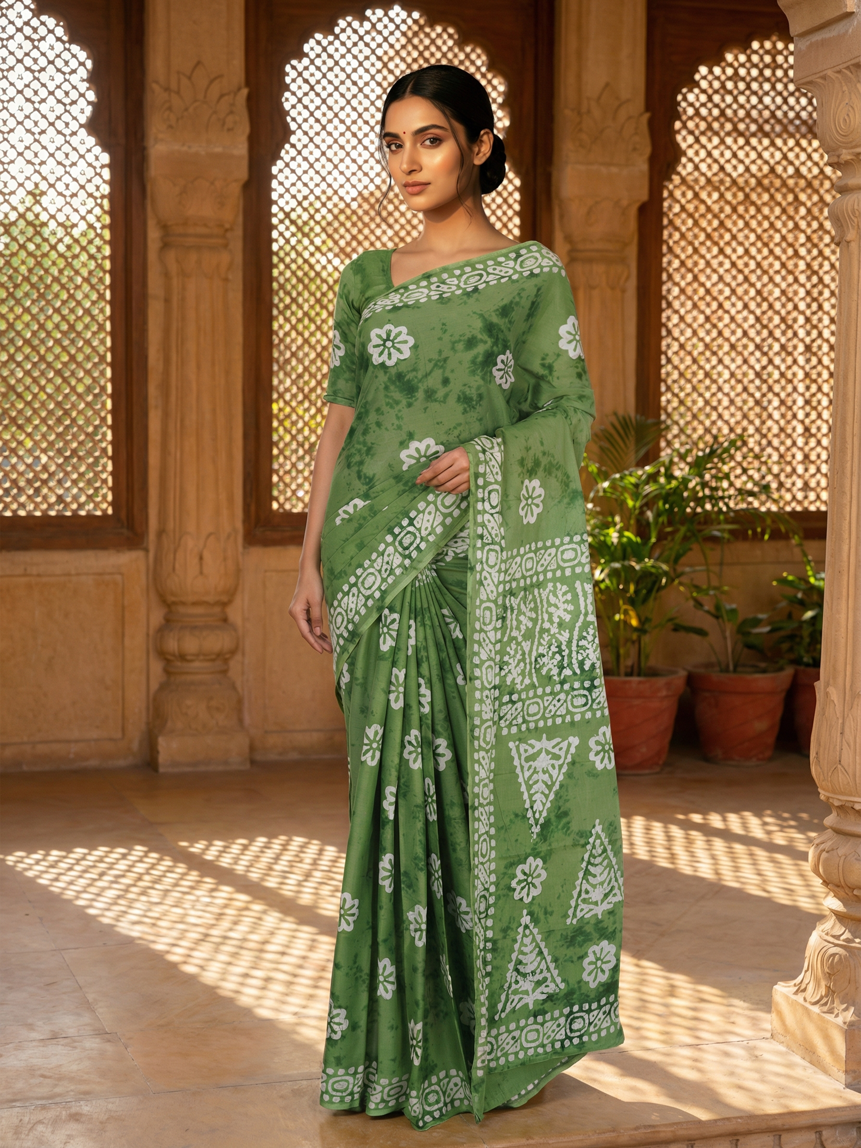 Green Cotton Saree With white batik Printed Design