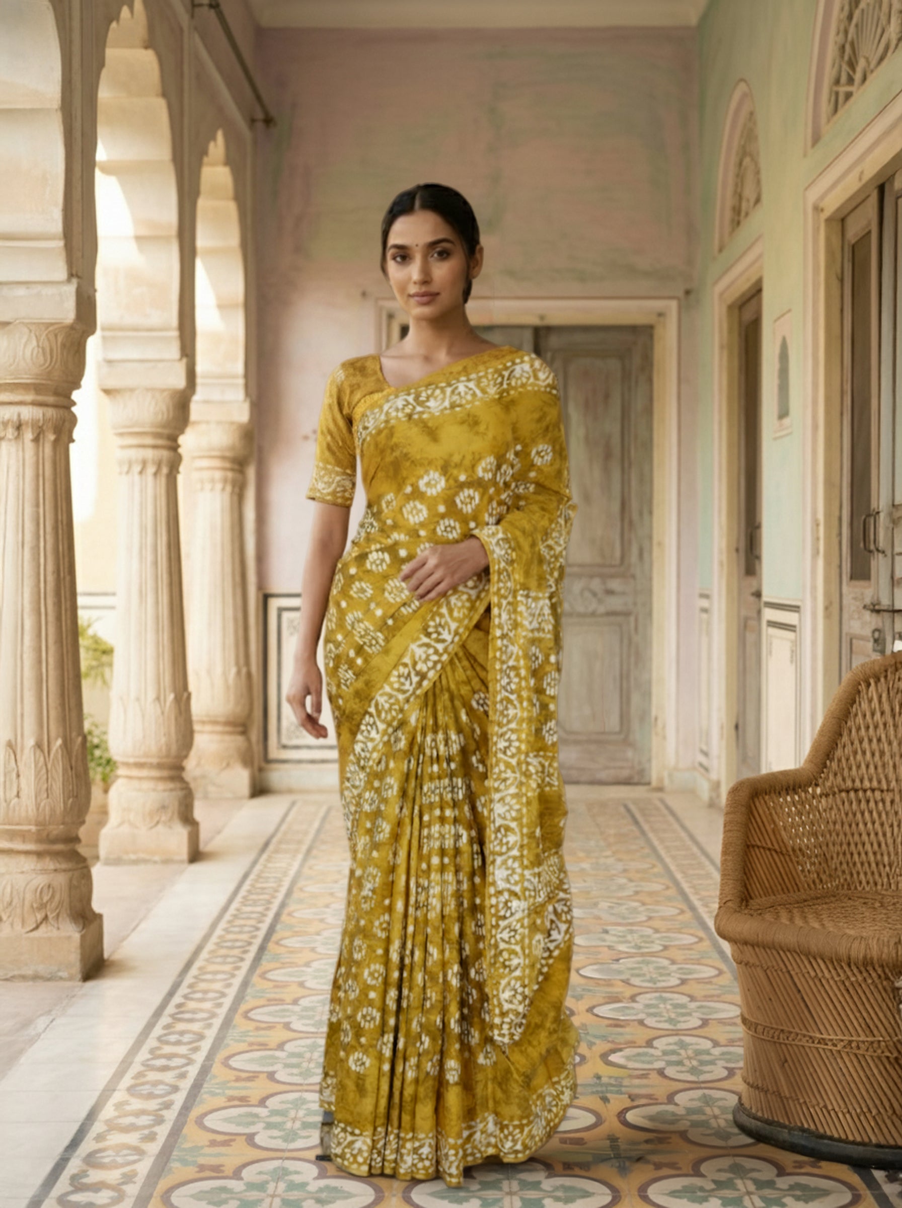 Yellow Cotton Saree With White Batik Printed Design