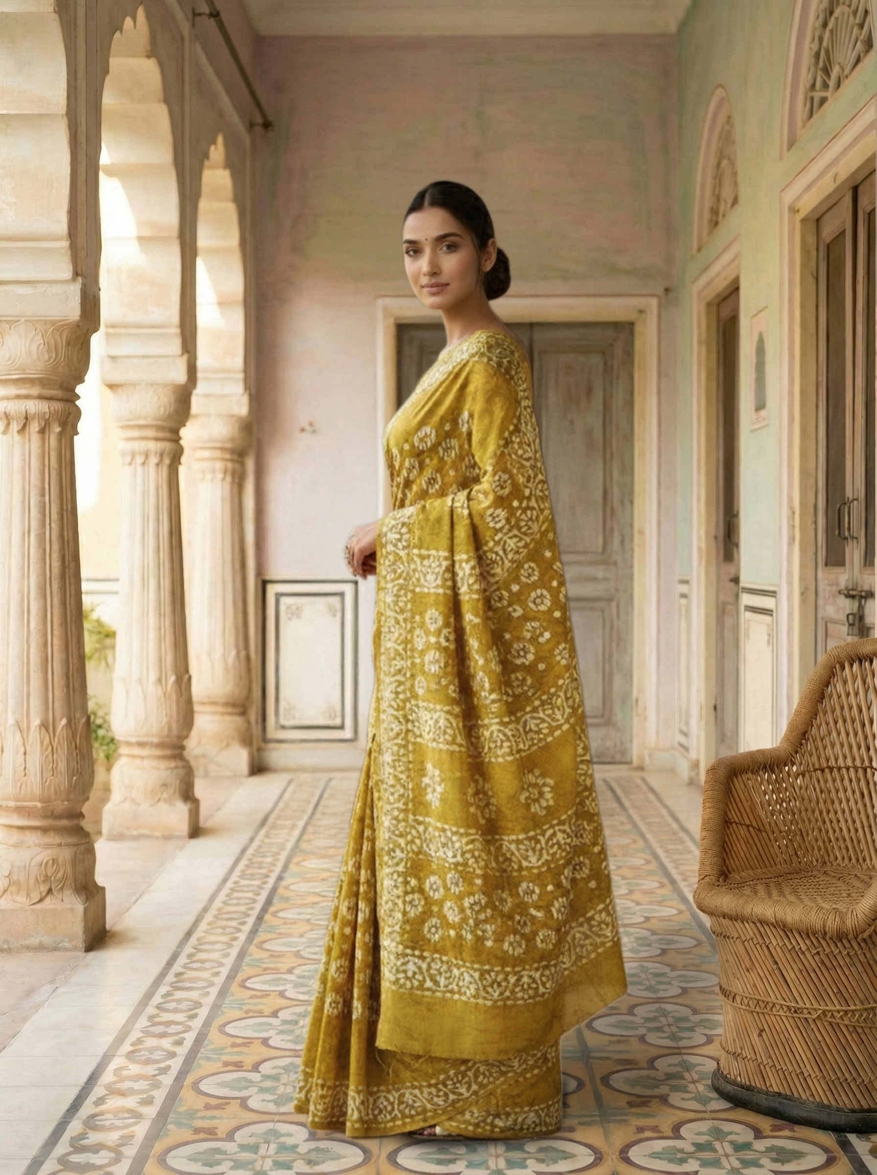 Yellow Cotton Saree With White Batik Printed Design