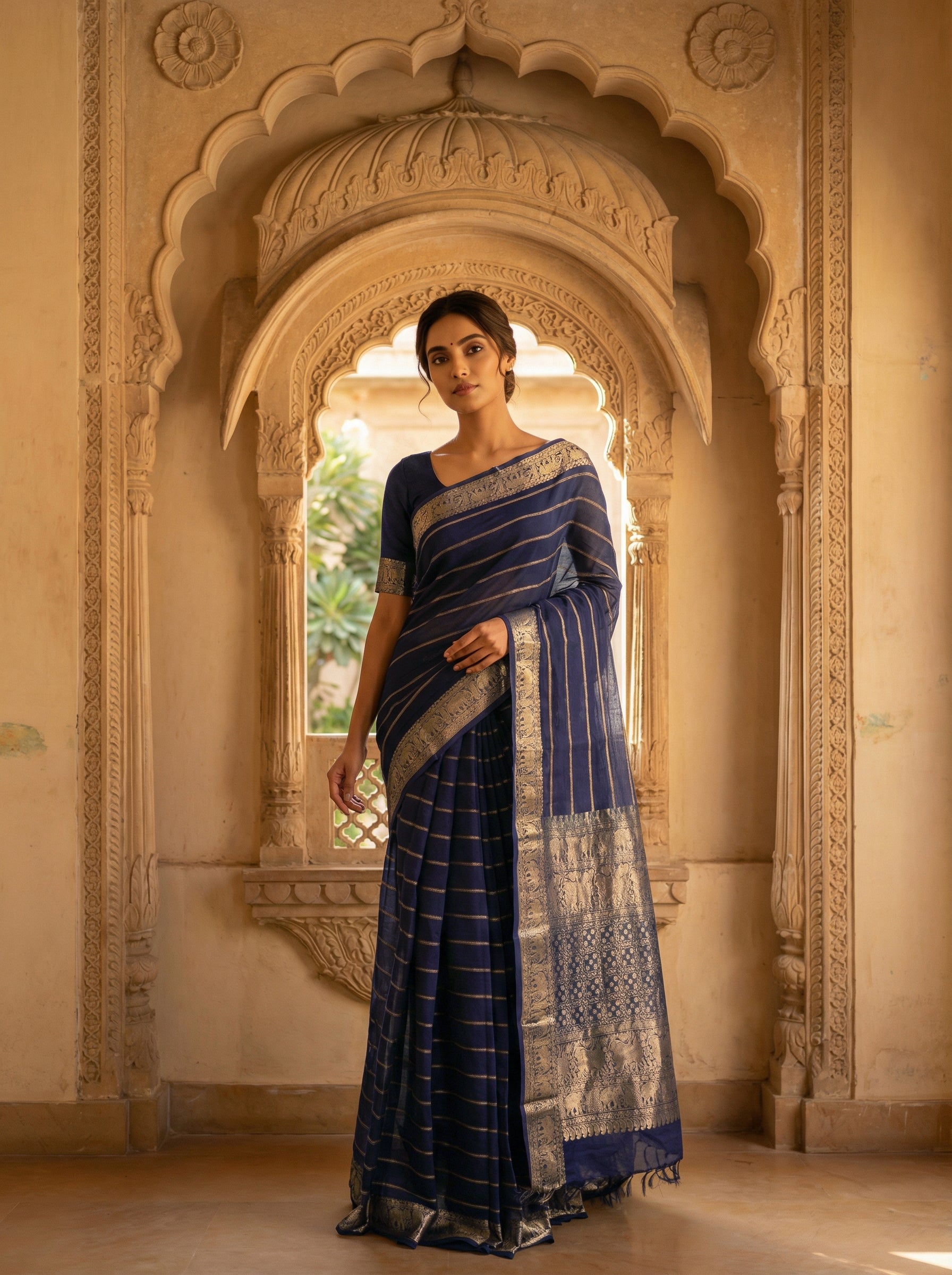 Navy Blue Striped Cotton Saree With Elephant Zari Border