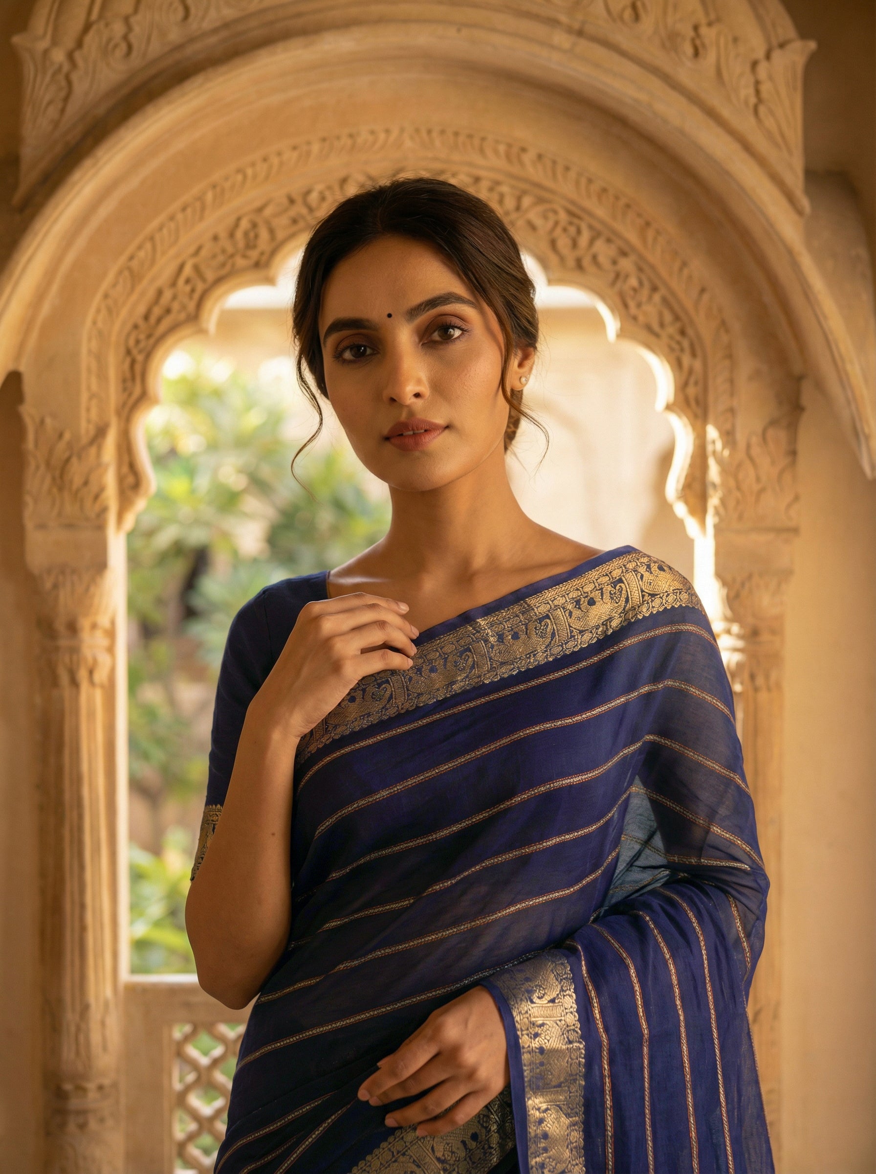 Navy Blue Striped Cotton Saree With Elephant Zari Border