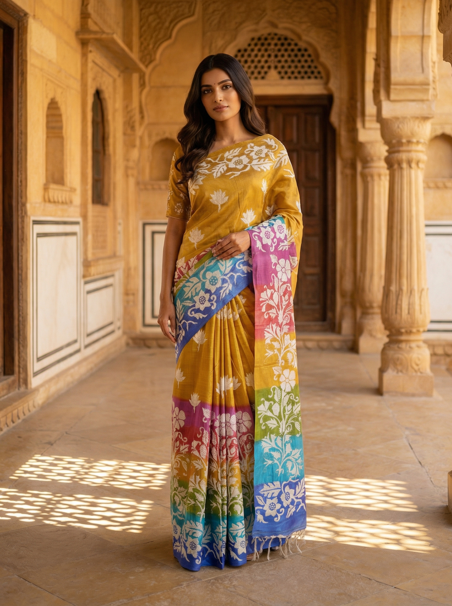 Mustard Yellow Tussar Silk Saree with Multi Color Printed Border
