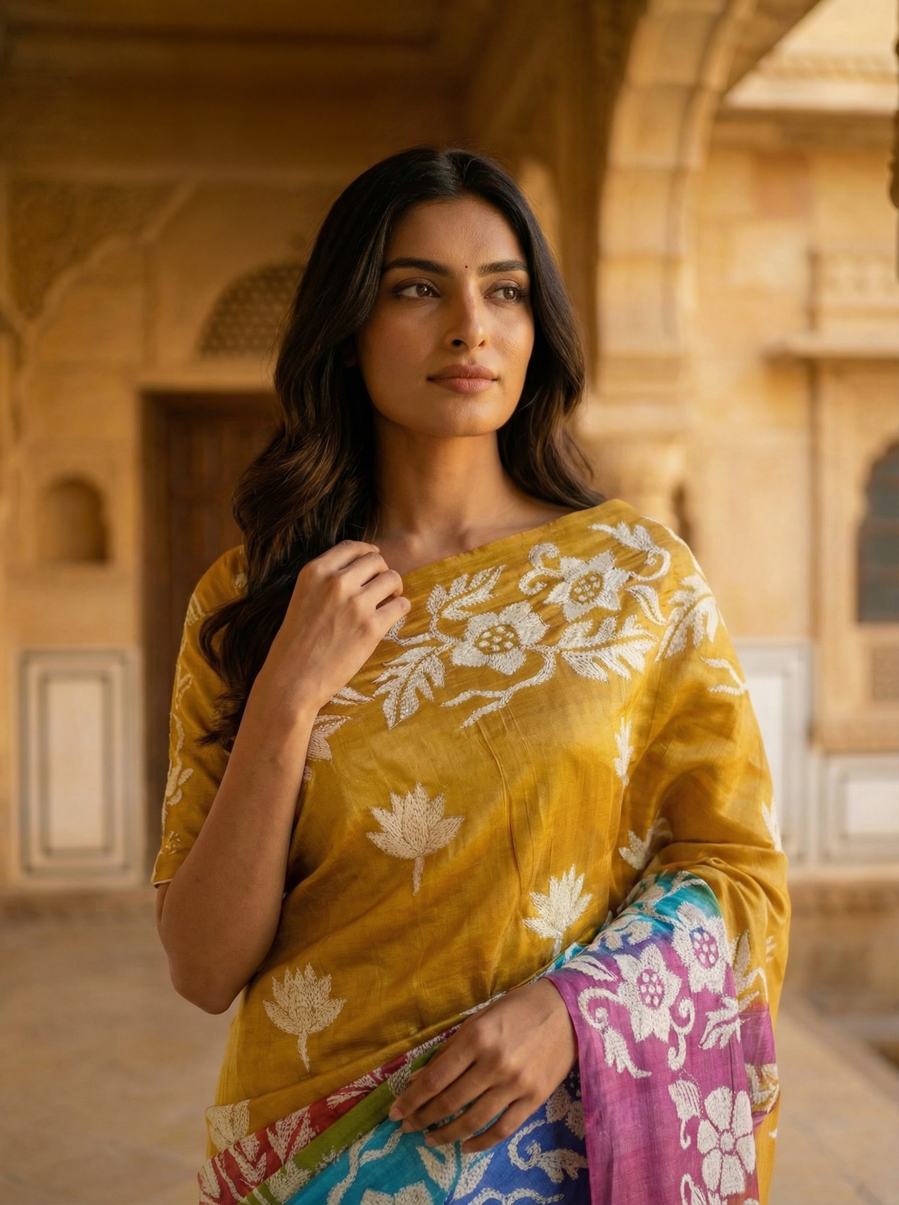 Mustard Yellow Tussar Silk Saree with Multi Color Printed Border