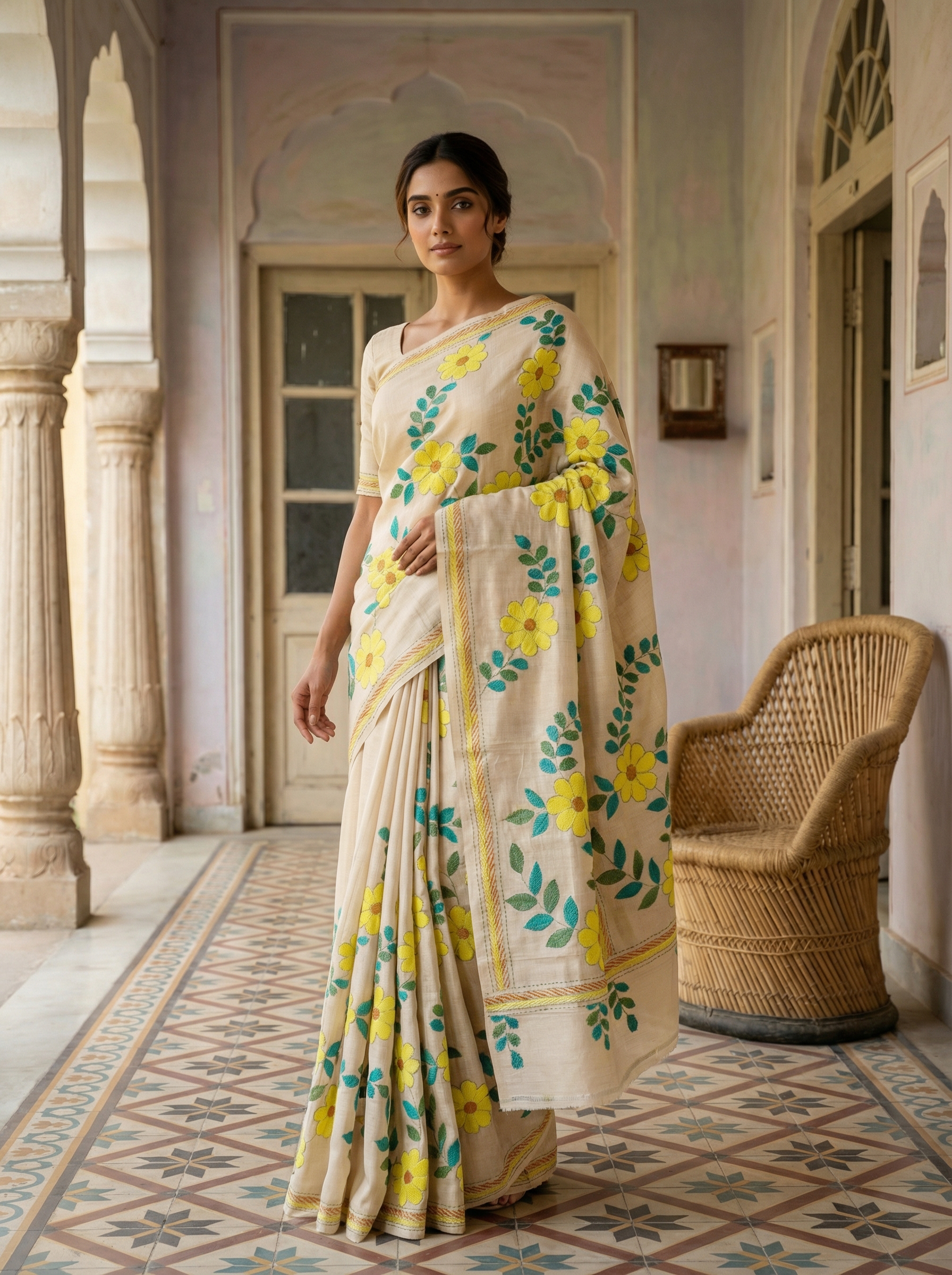 Ivory Tussar Silk Saree With Yellow Floral Printed Design