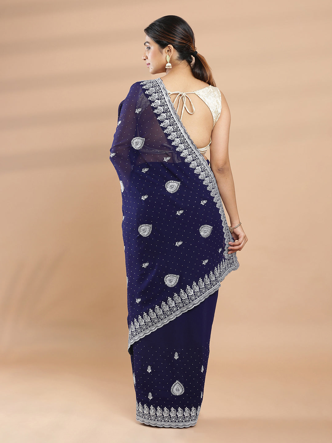 Navy Blue Georgette Saree With Silver Butta Design And White Stone Work On Body