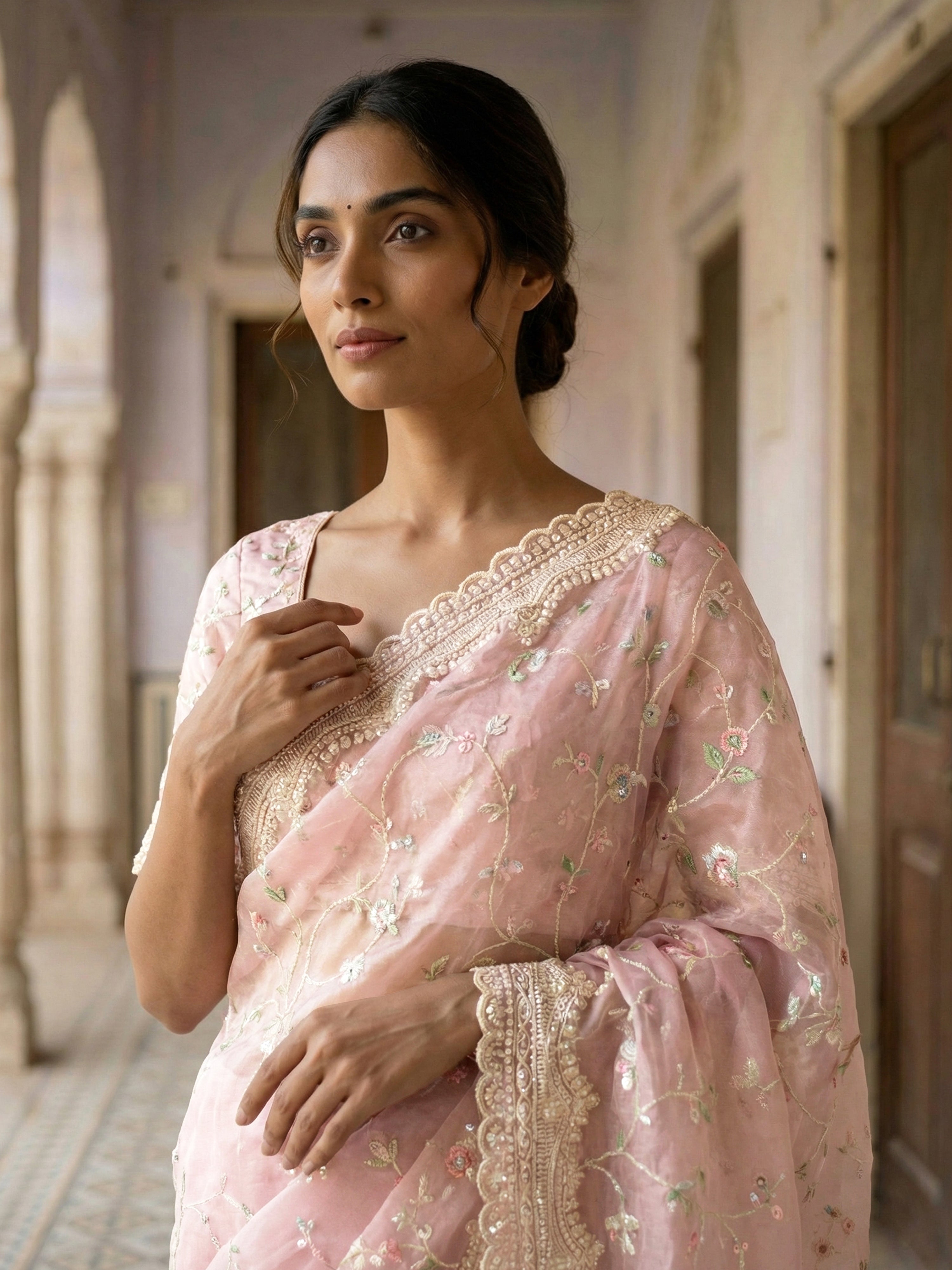 Organza Embroidery Pink Dusty-Rose Saree