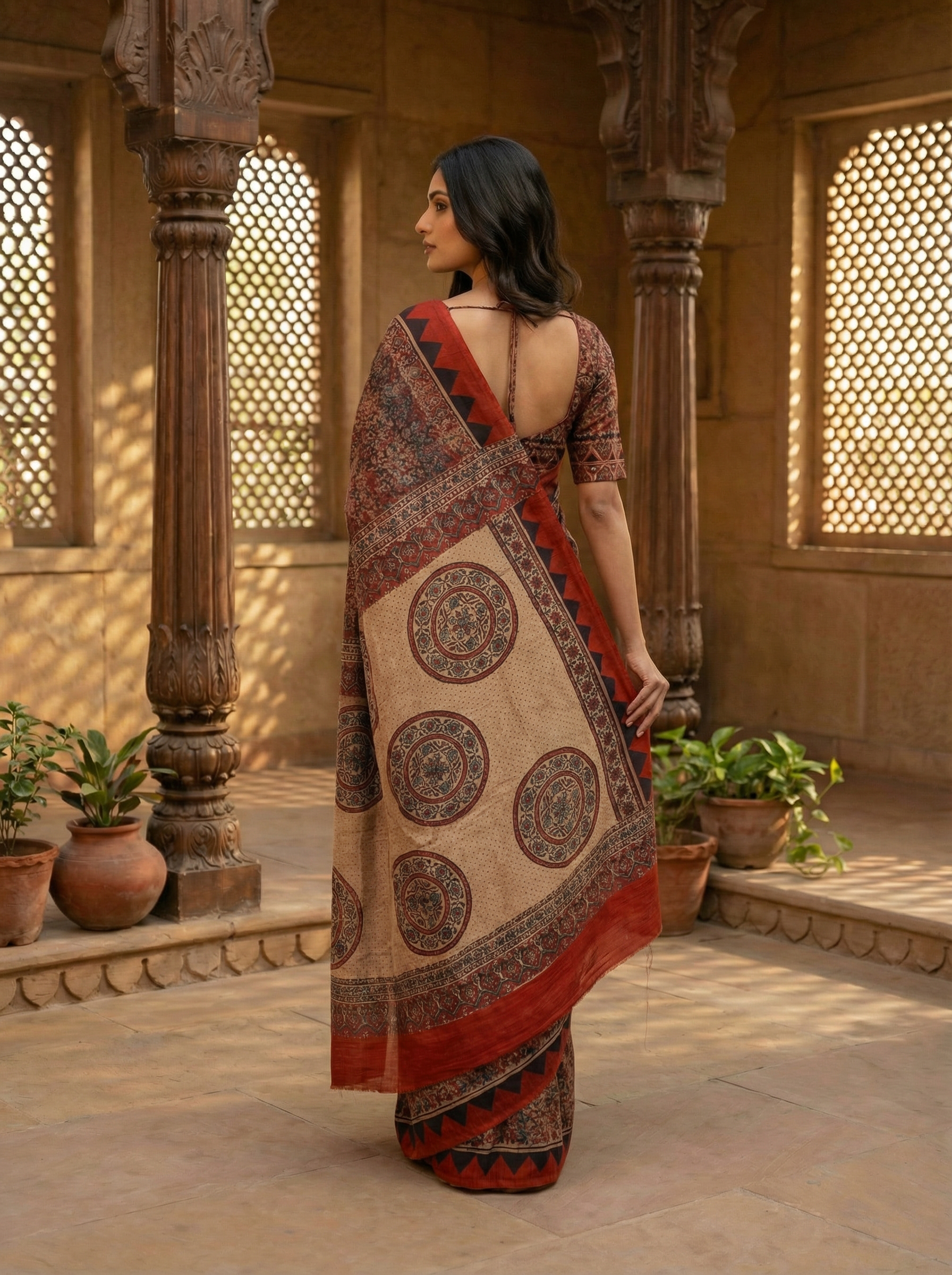 Tussar Silk Rust Earth Saree with Geometric Border