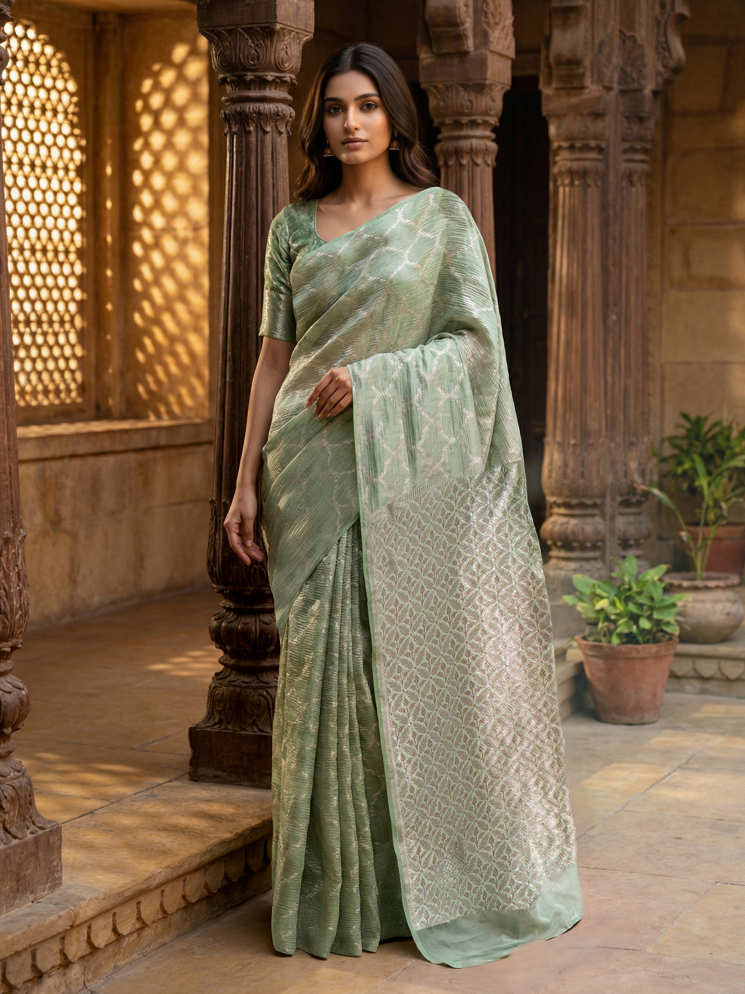 Pure Tusser Silk Saree in Pastel Green with Woven Abstract Pattern & Antique Zari Pallu