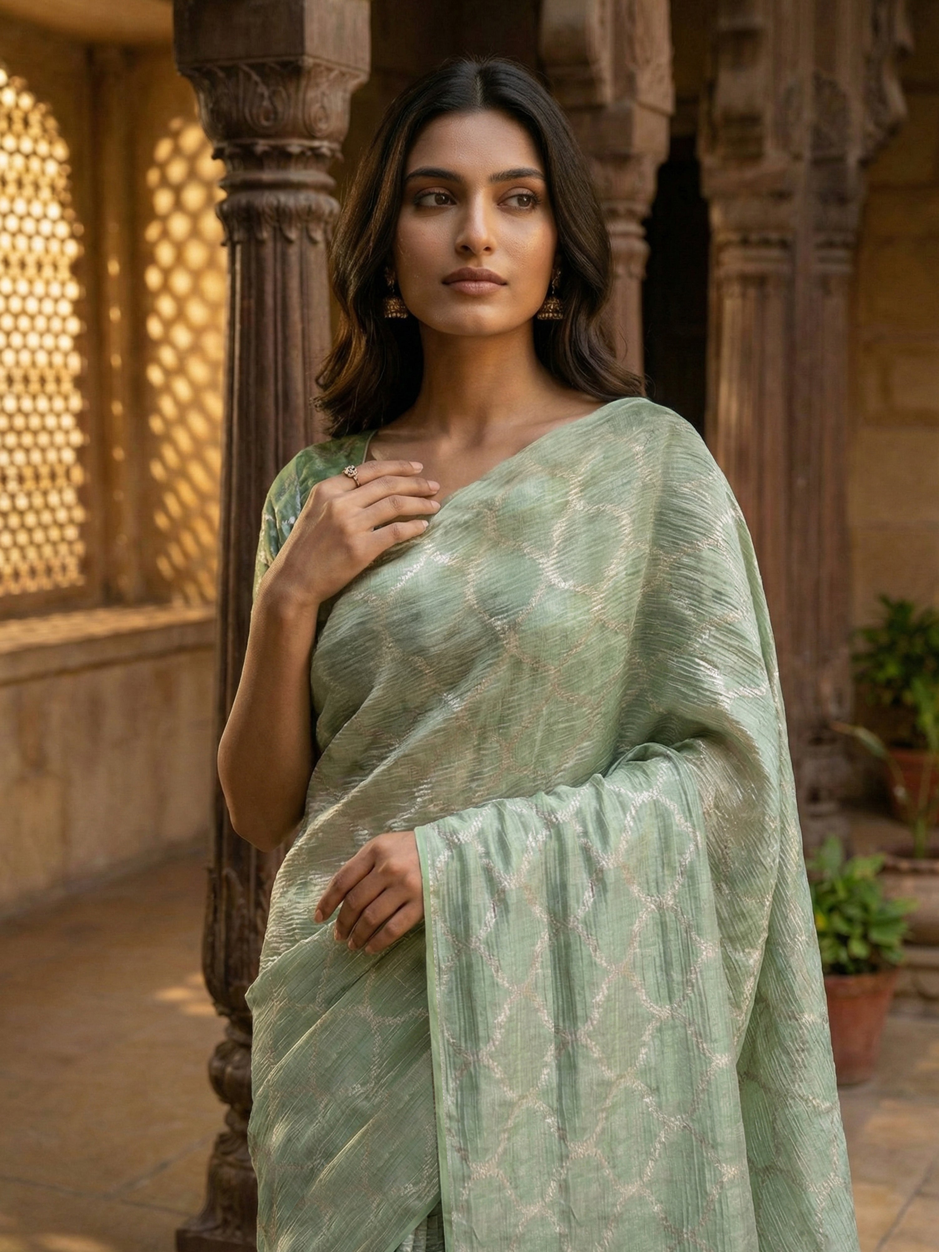 Pure Tusser Silk Saree in Pastel Green with Woven Abstract Pattern & Antique Zari Pallu