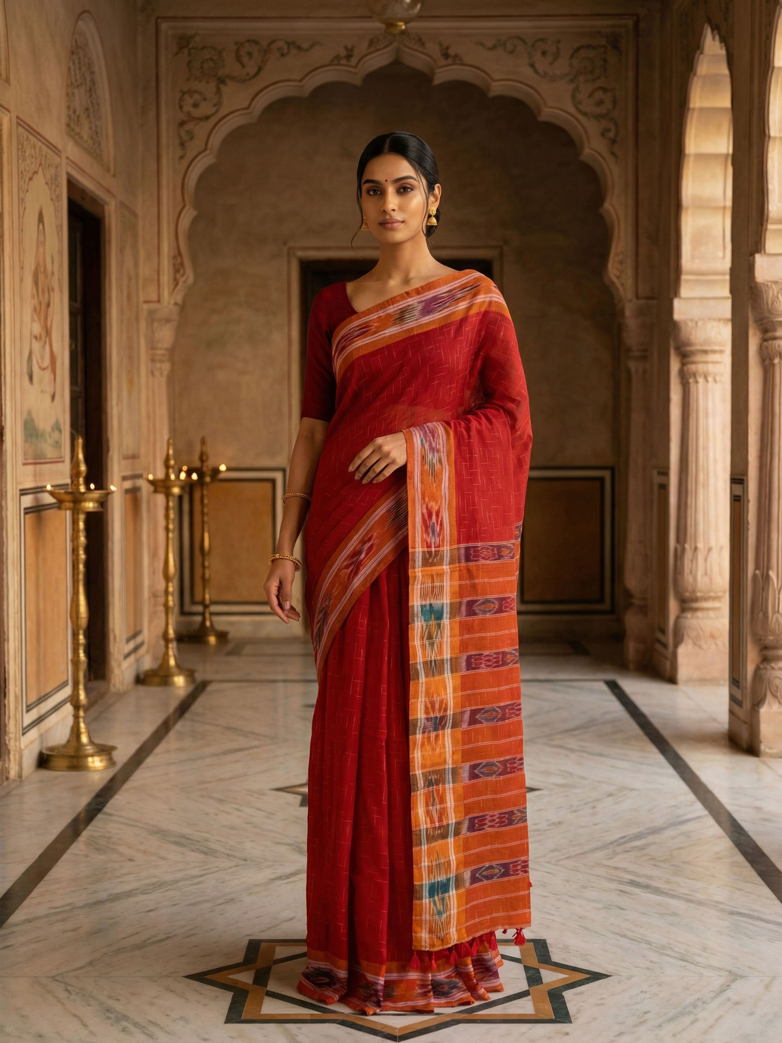 Cotton Crimson Heritage Ikat Border Saree