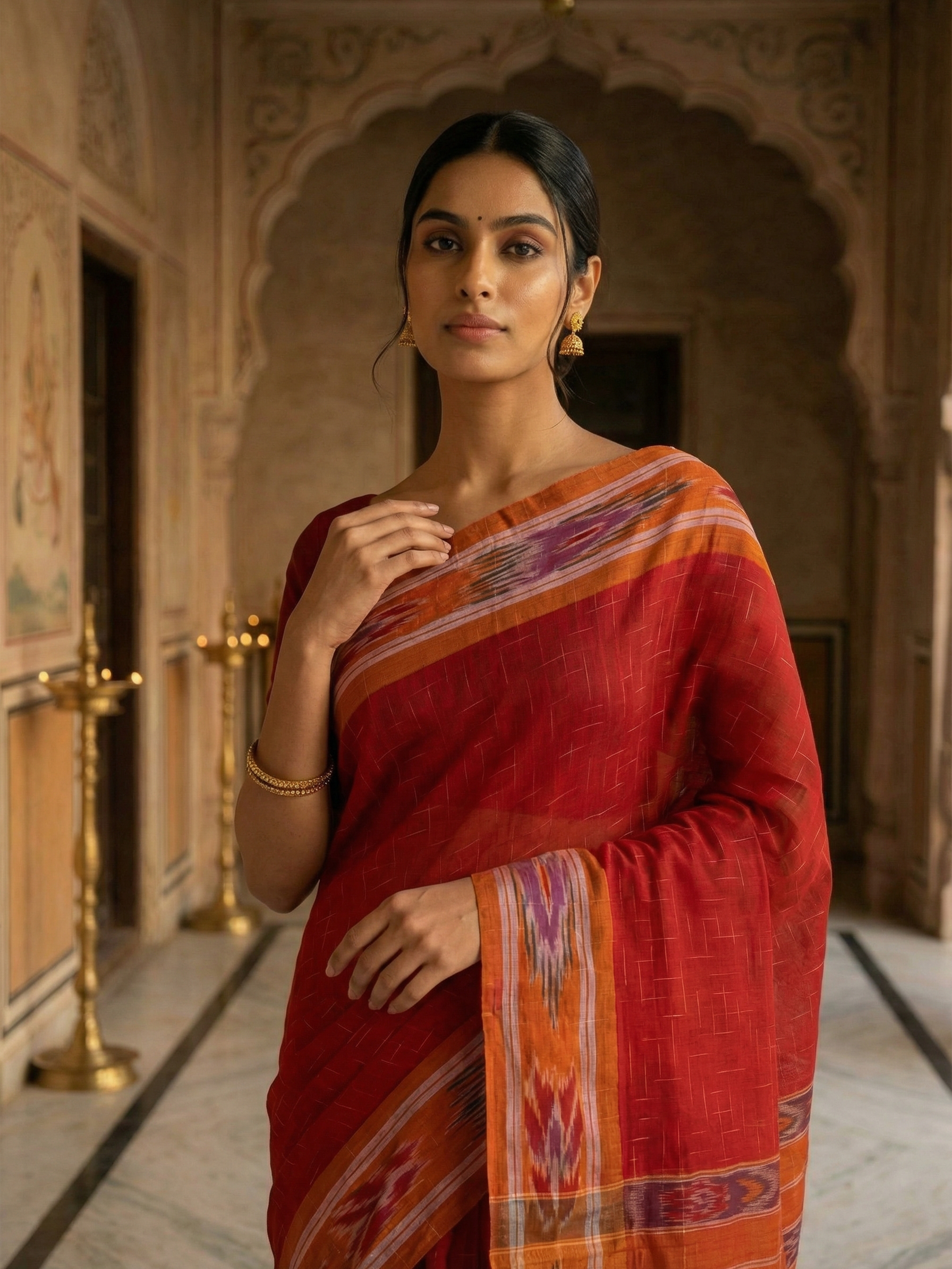 Cotton Crimson Heritage Ikat Border Saree