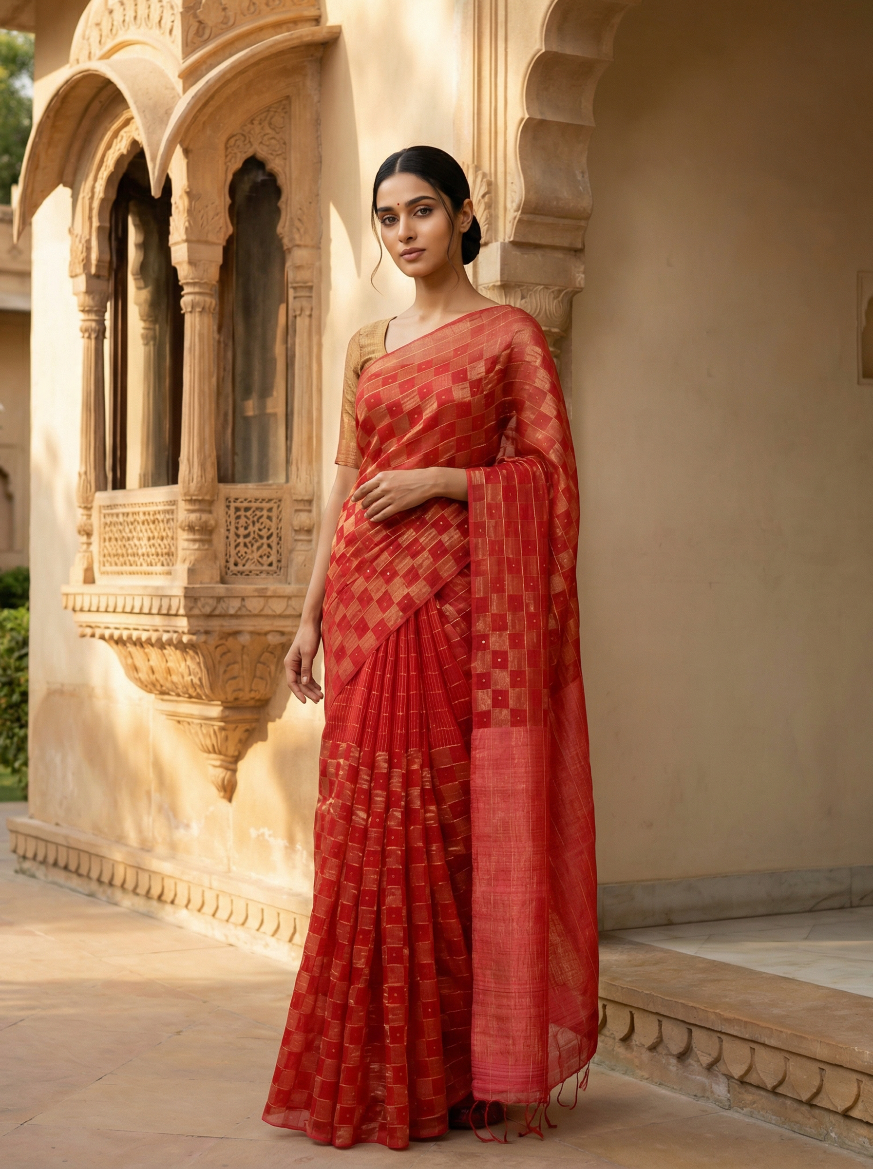 Red Check Designed Tussar Silk Saree With Striped Pallu
