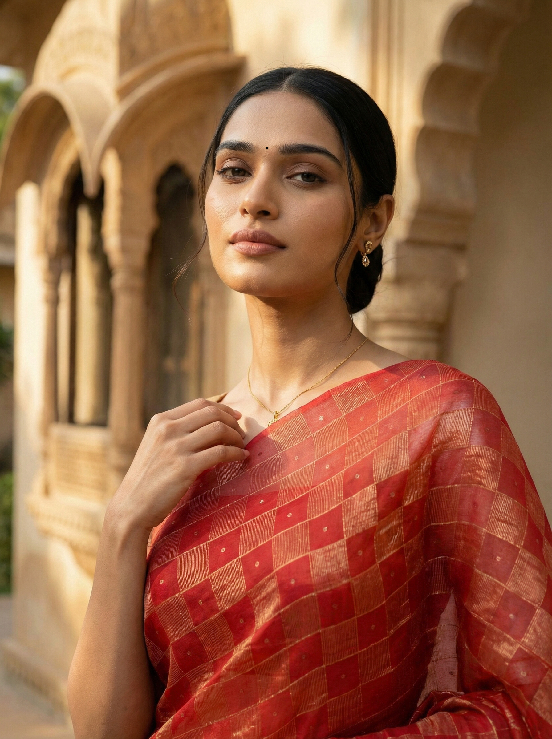 Red Check Designed Tussar Silk Saree With Striped Pallu