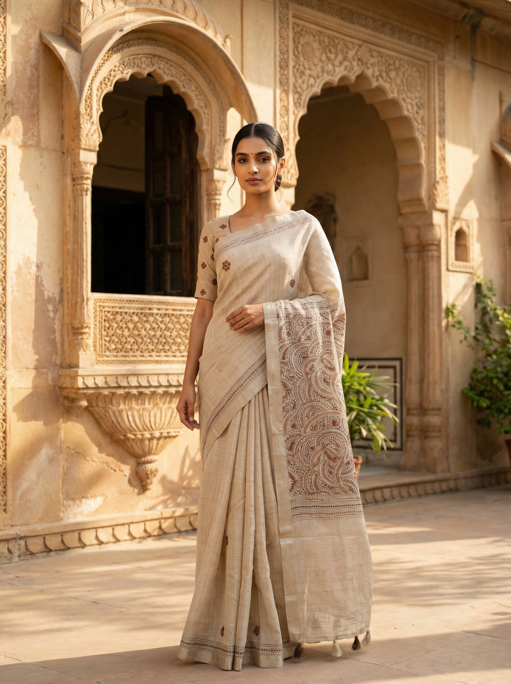 Net Kota Dark Ivory Saree With Embroidery Design