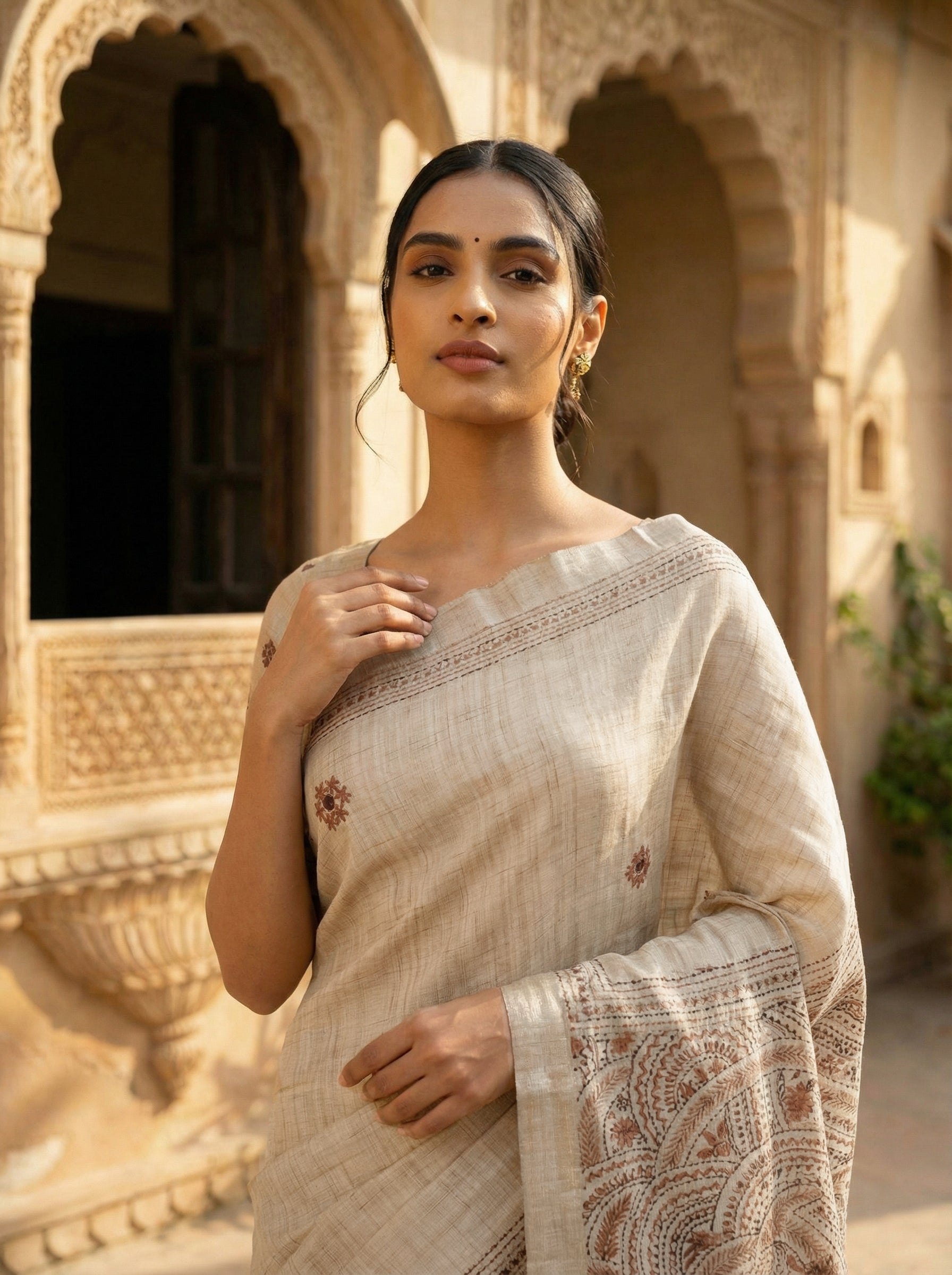 Net Kota Dark Ivory Saree With Embroidery Design