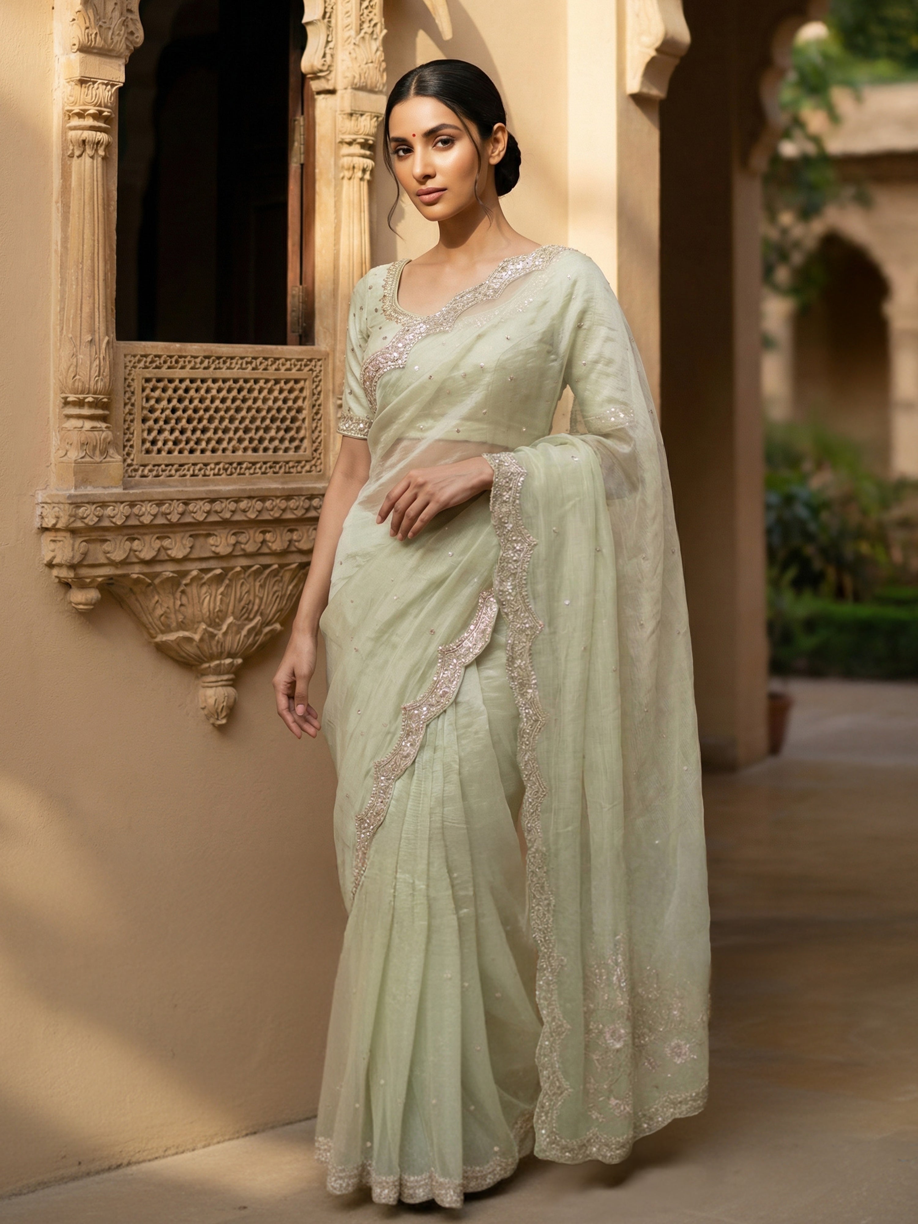 Pale Green Designer Organza Saree with Bead Work & Scalloped Embellished Border