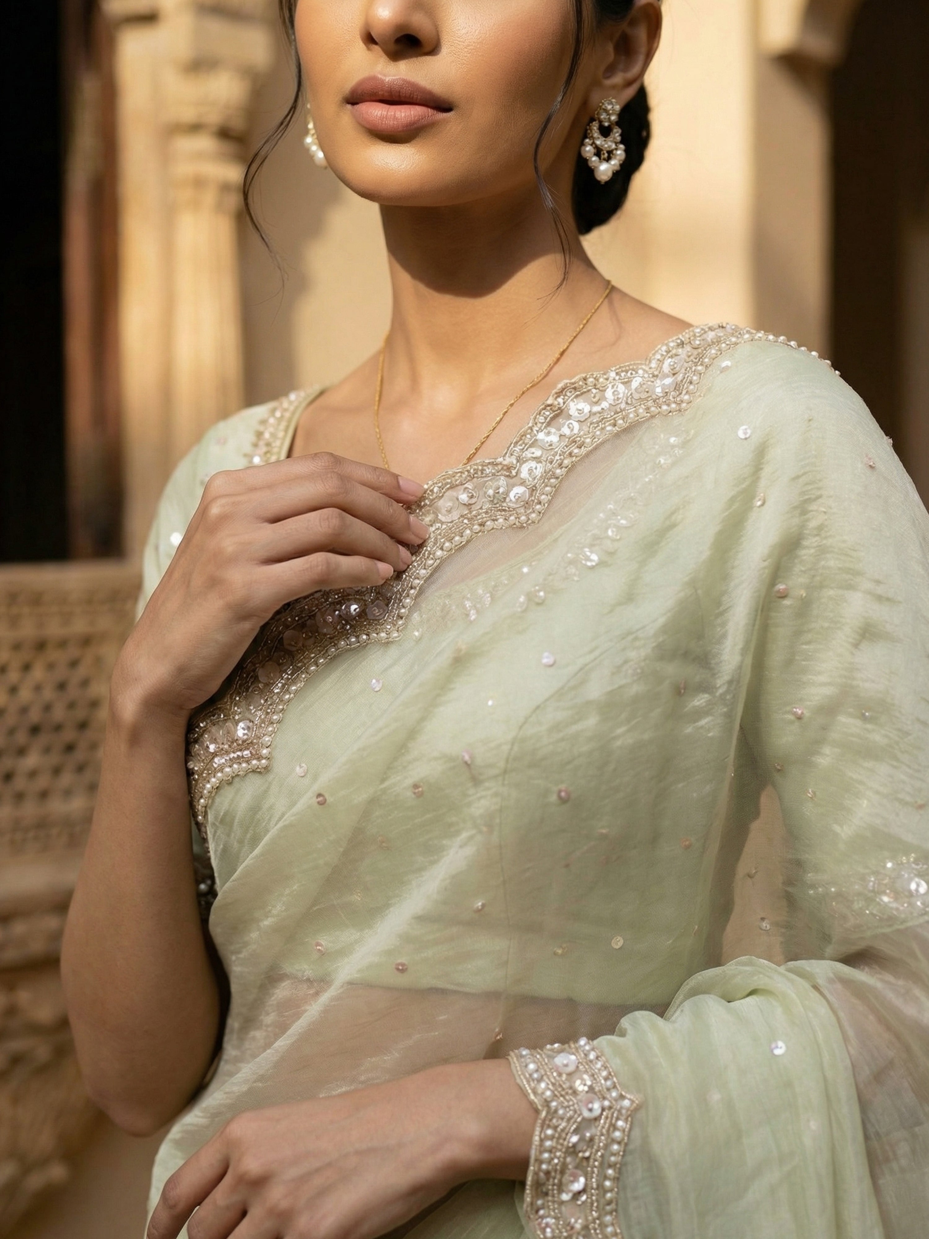 Pale Green Designer Organza Saree with Bead Work & Scalloped Embellished Border