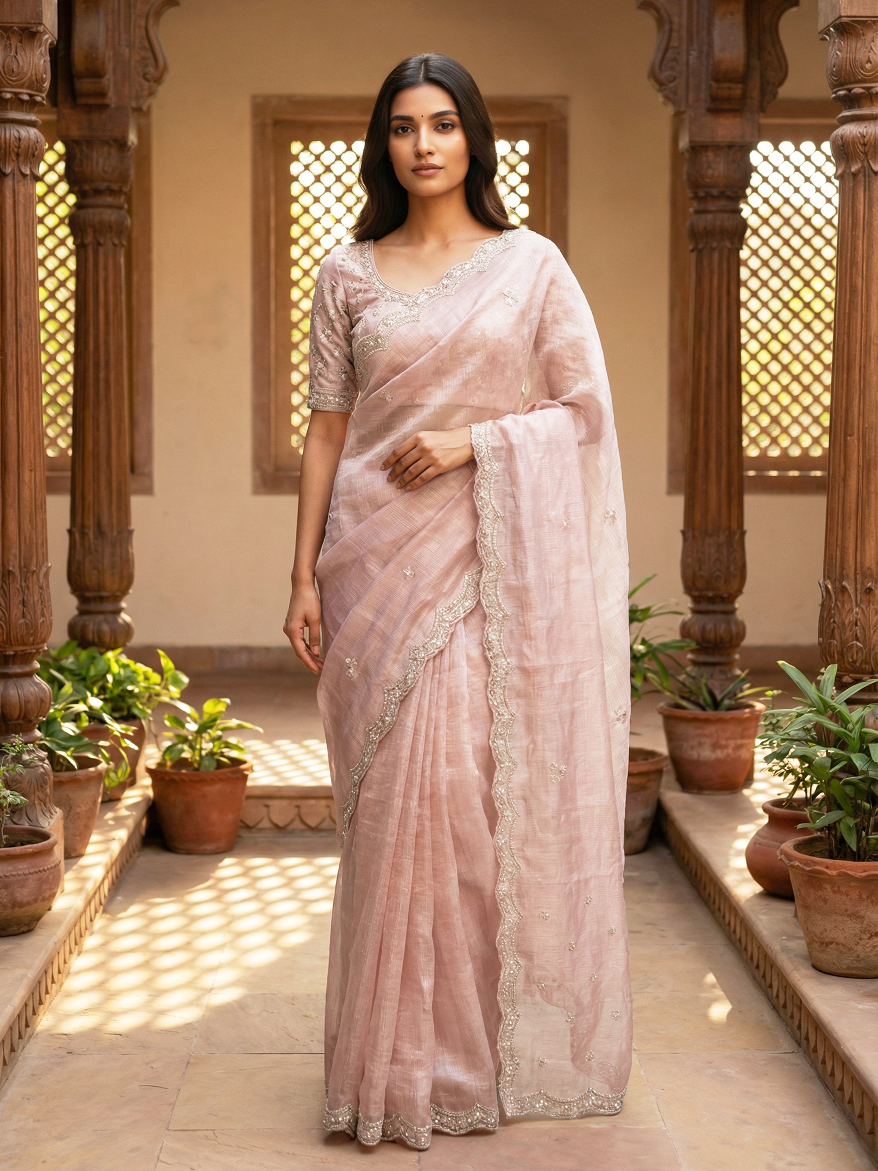 Dusty Rose Pink Designer Organza Saree with Thread-Worked Buttas & Scalloped Embellished Border
