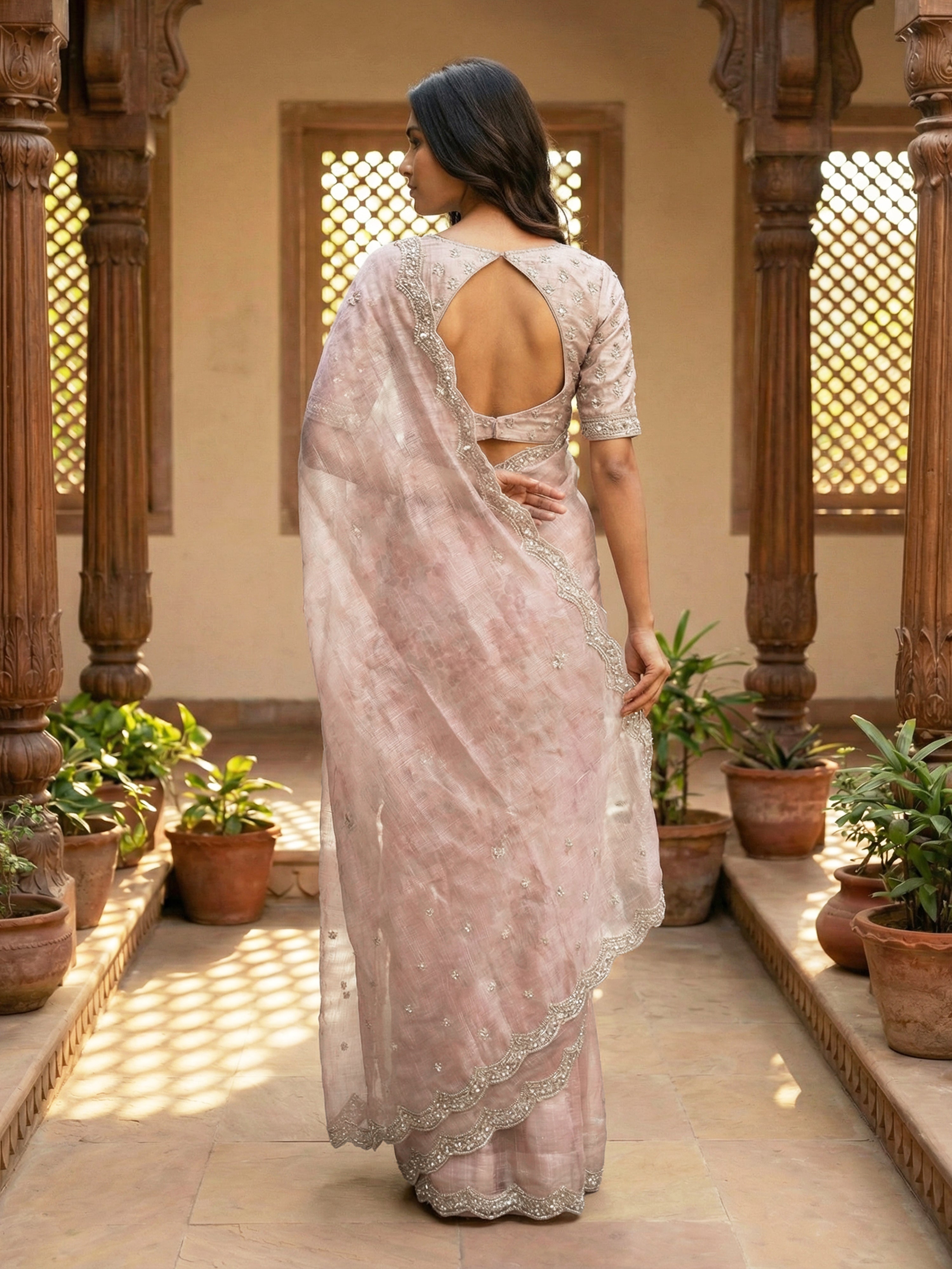 Organza Handwork Pink Saree