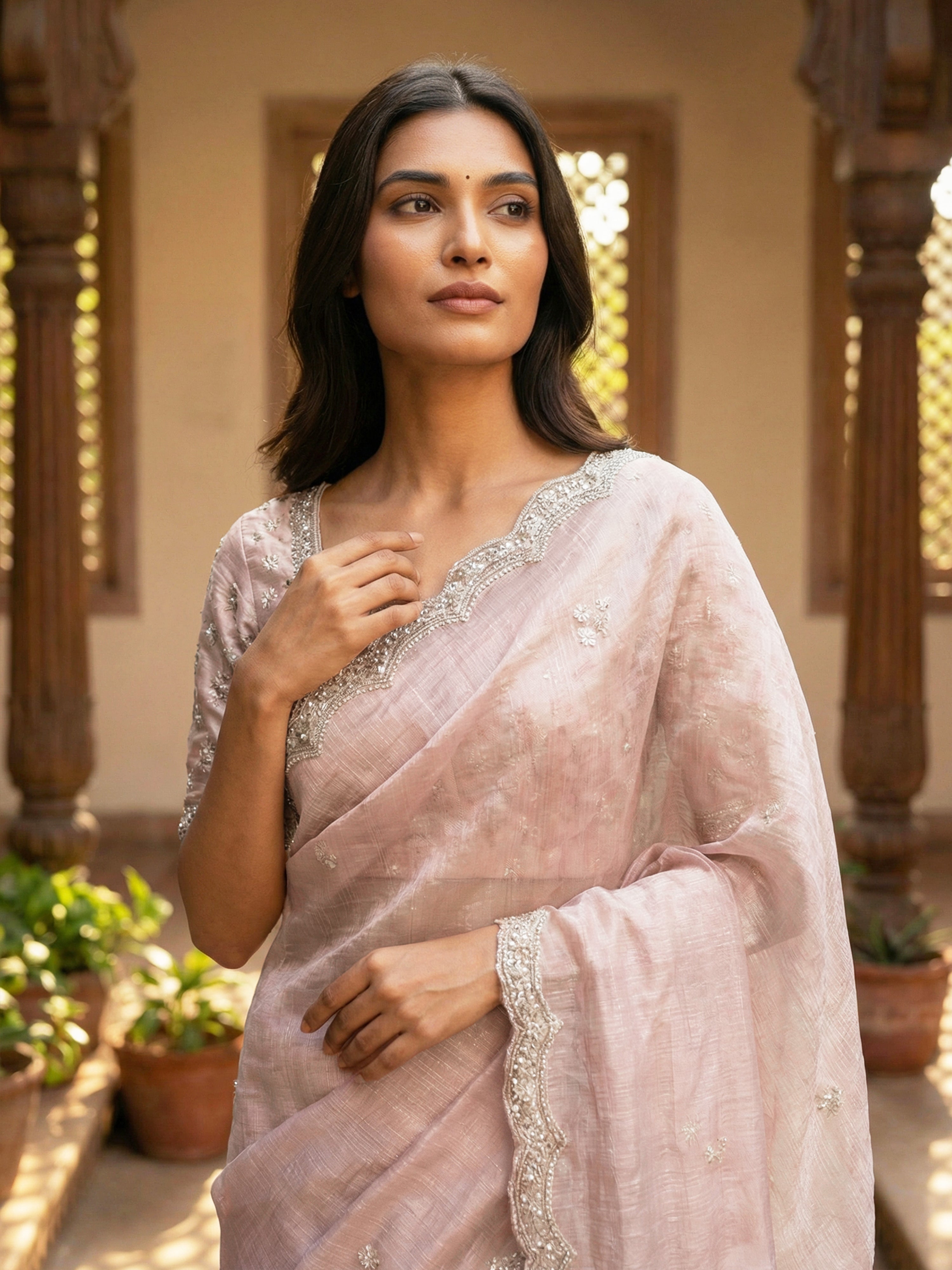 Dusty Rose Pink Designer Organza Saree with Thread-Worked Buttas & Scalloped Embellished Border