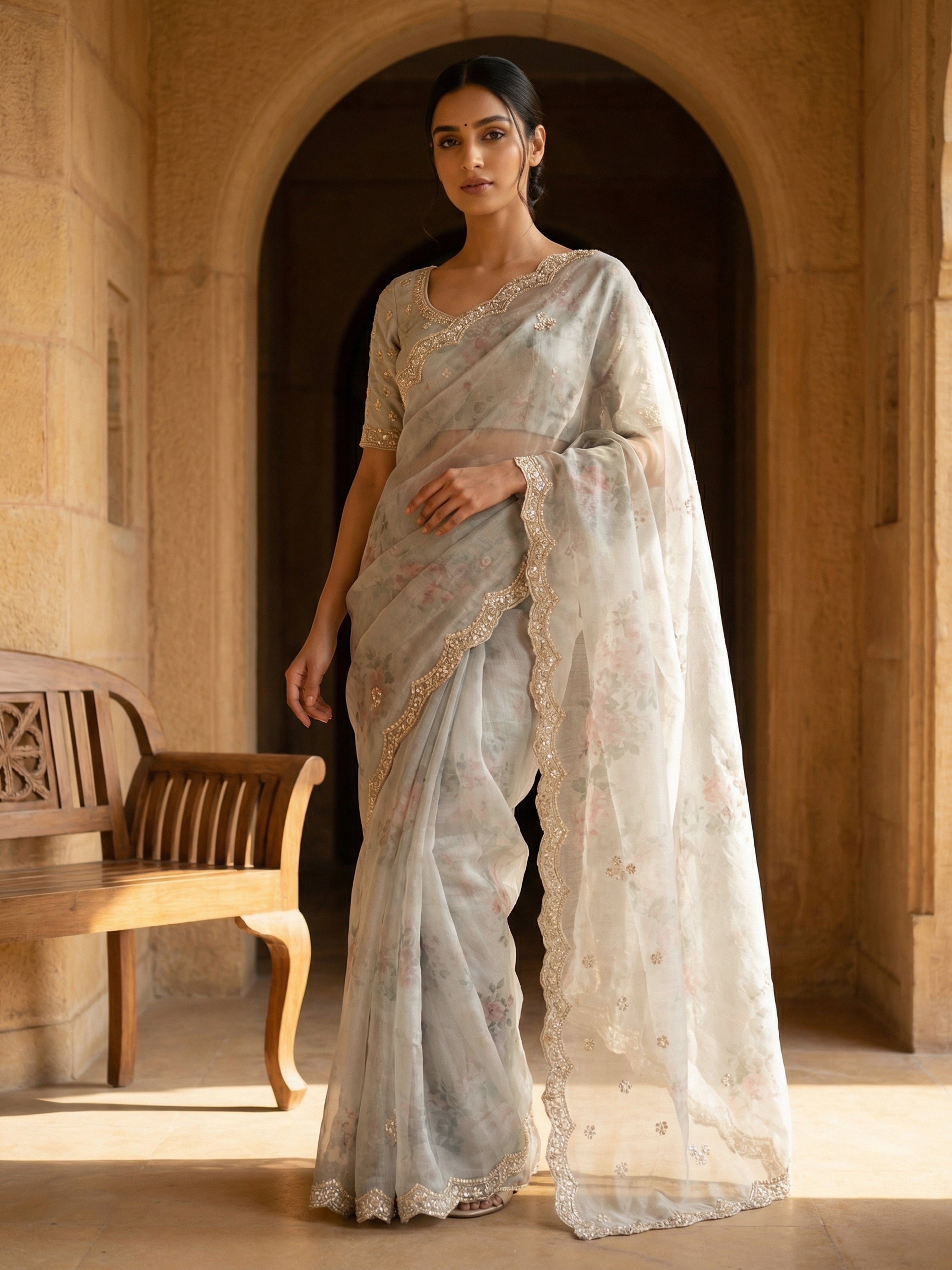 Organza Printed Gray Floral Saree