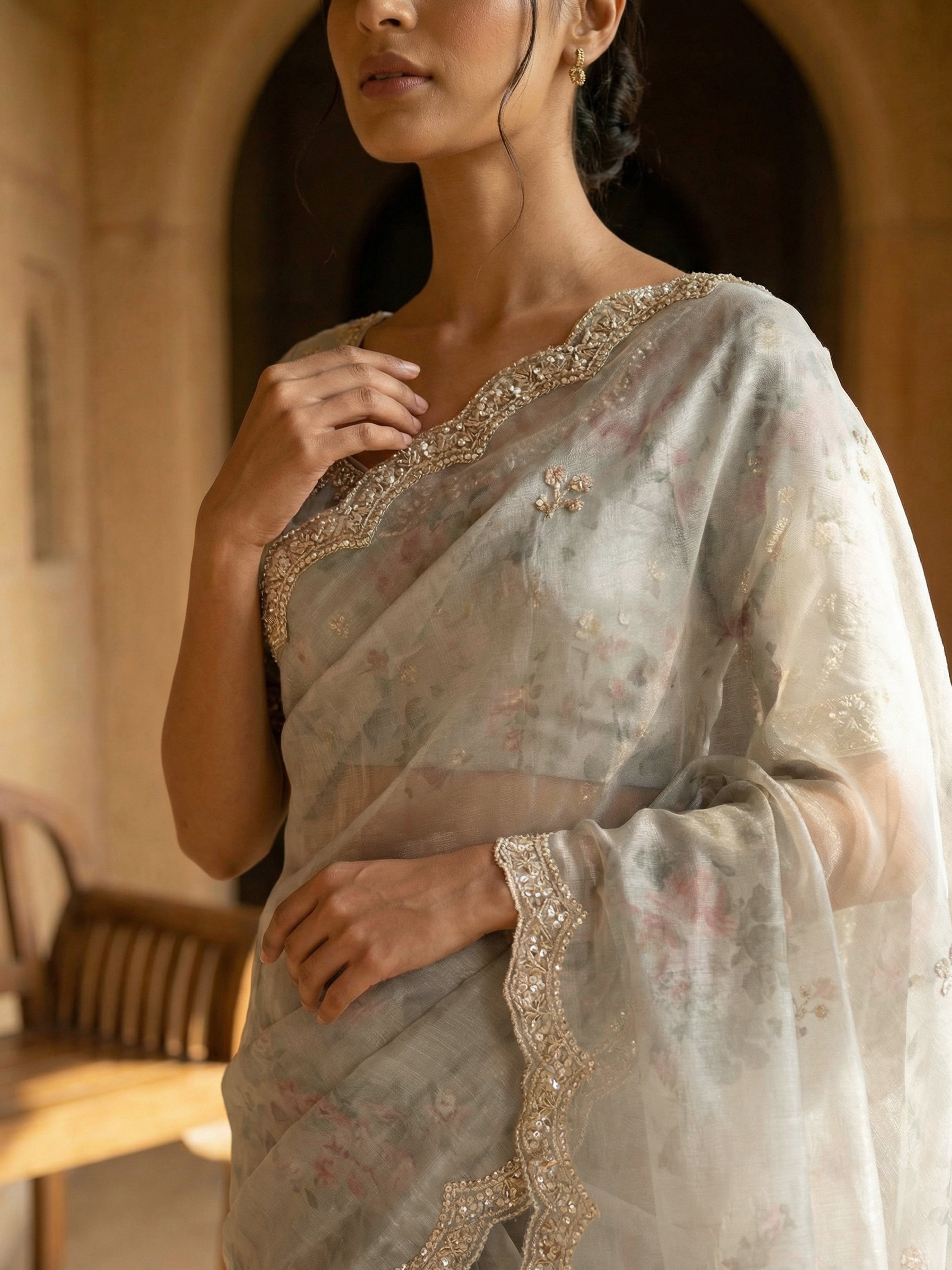 Organza Printed Gray Floral Saree