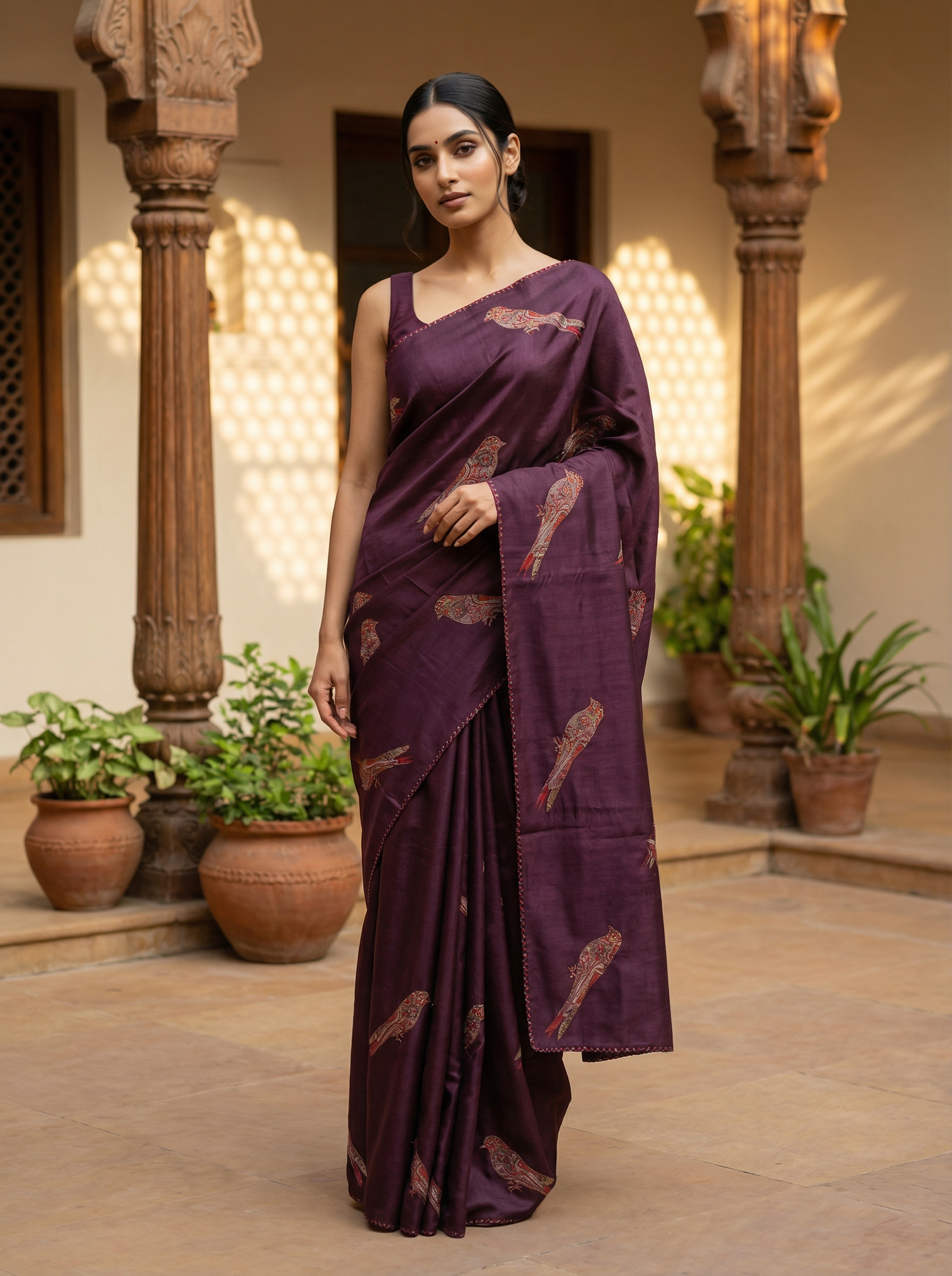 Wine Color Borderless Birds Printed Tusser Silk Saree