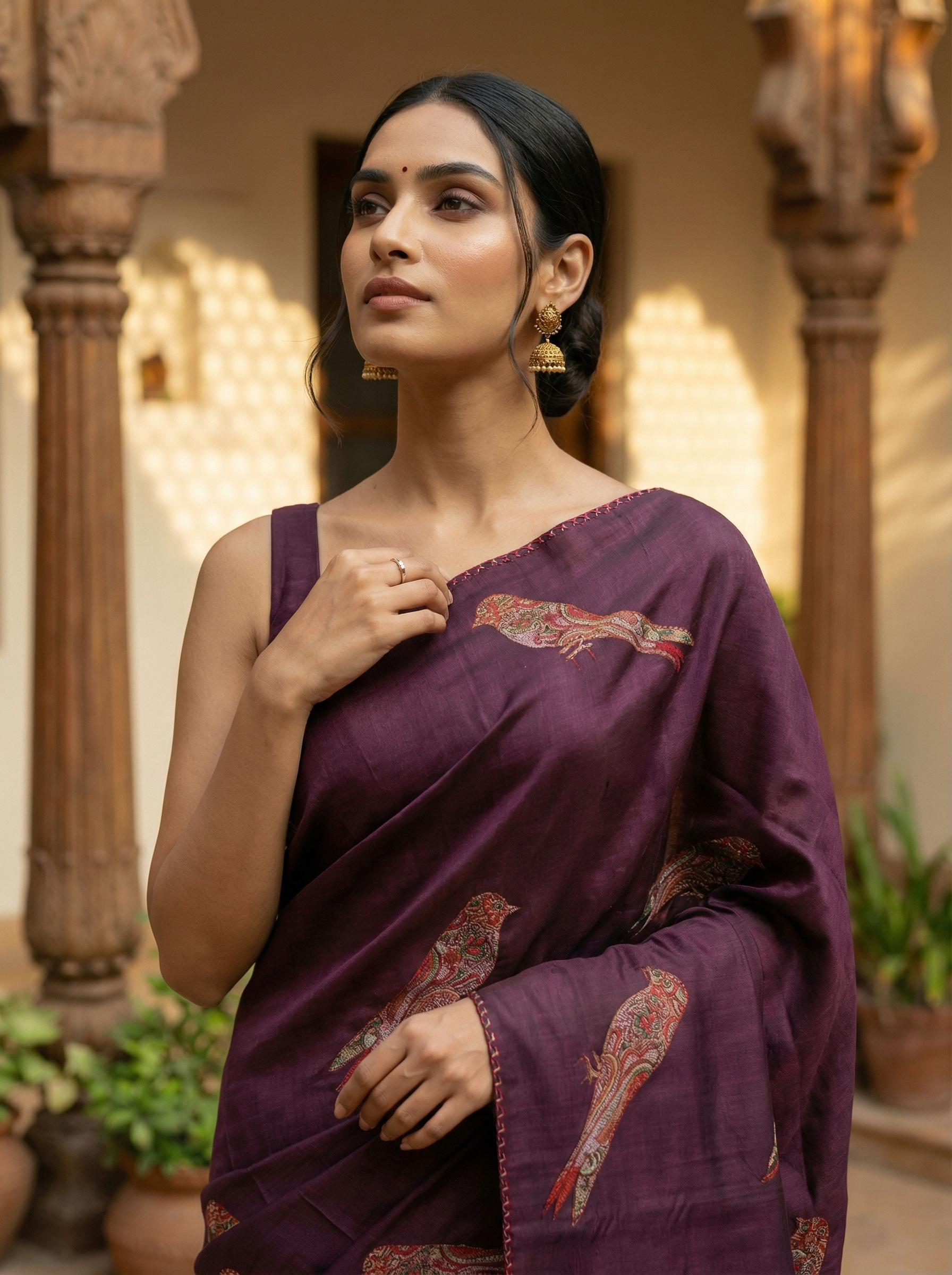 Wine Color Borderless Birds Printed Tusser Silk Saree