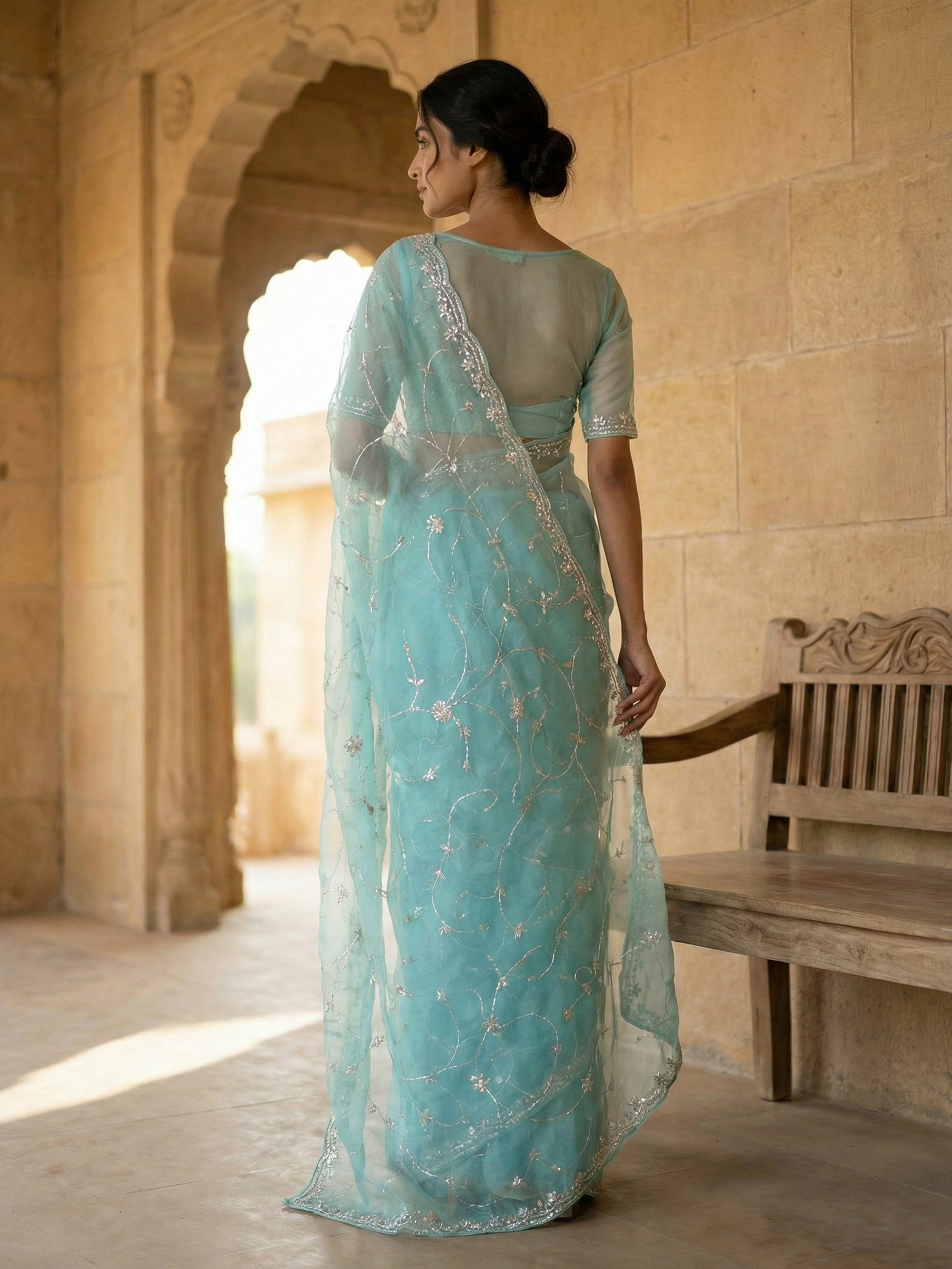 Organza Silk Embroidery Aqua-Blue Floral Saree