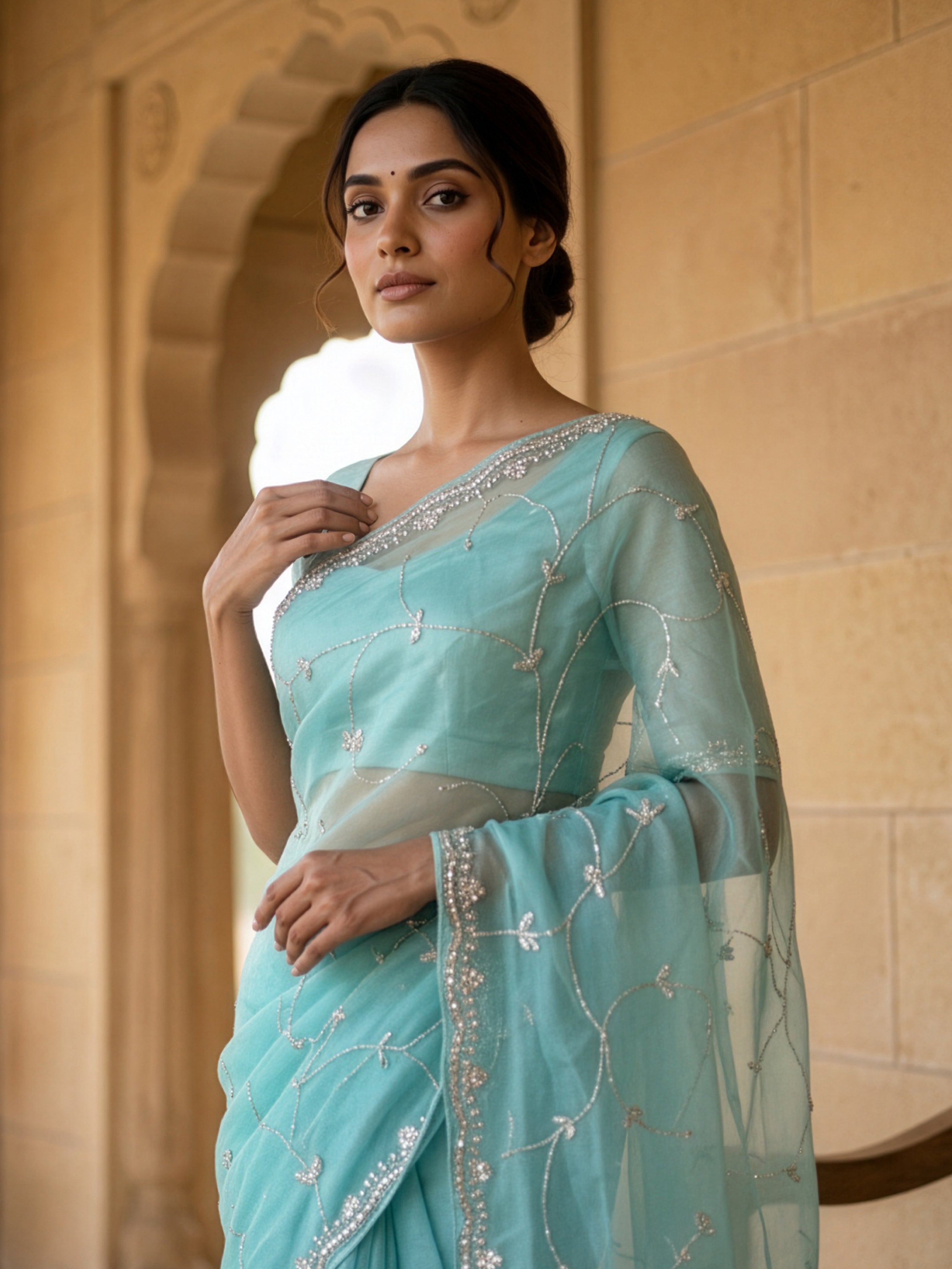 Aqua Blue Net Organza Designer Saree with Floral Vine Sequin Embroidery & Embellished Border