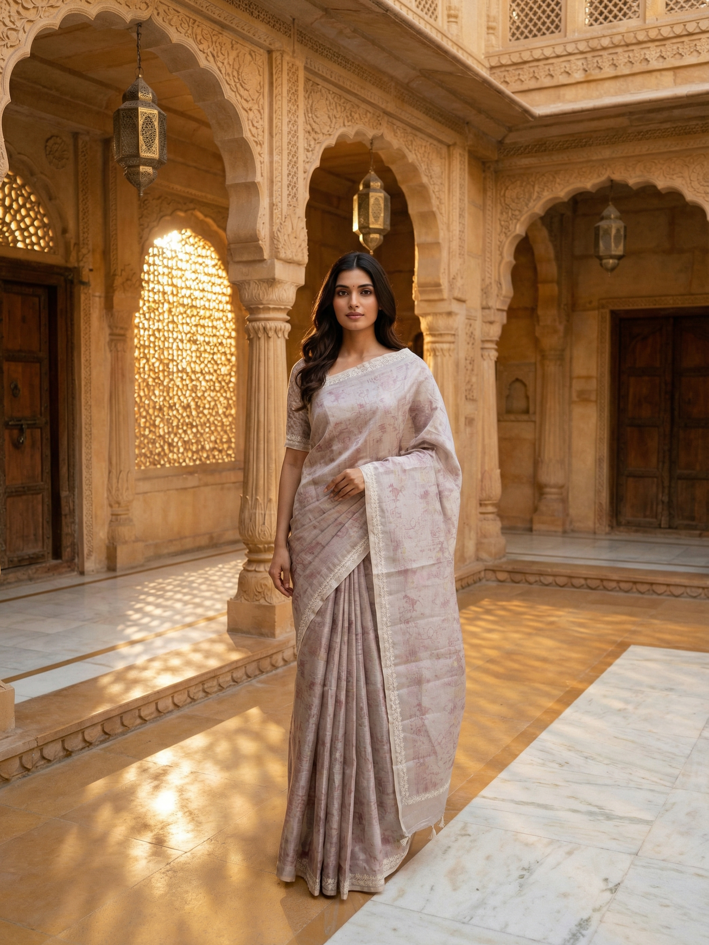 Pinkish Grey Ethnic Wear Saree With Floral Print Design