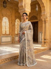 Beige Ethnic Wear Saree With Multi Floral Print And White Printed Border