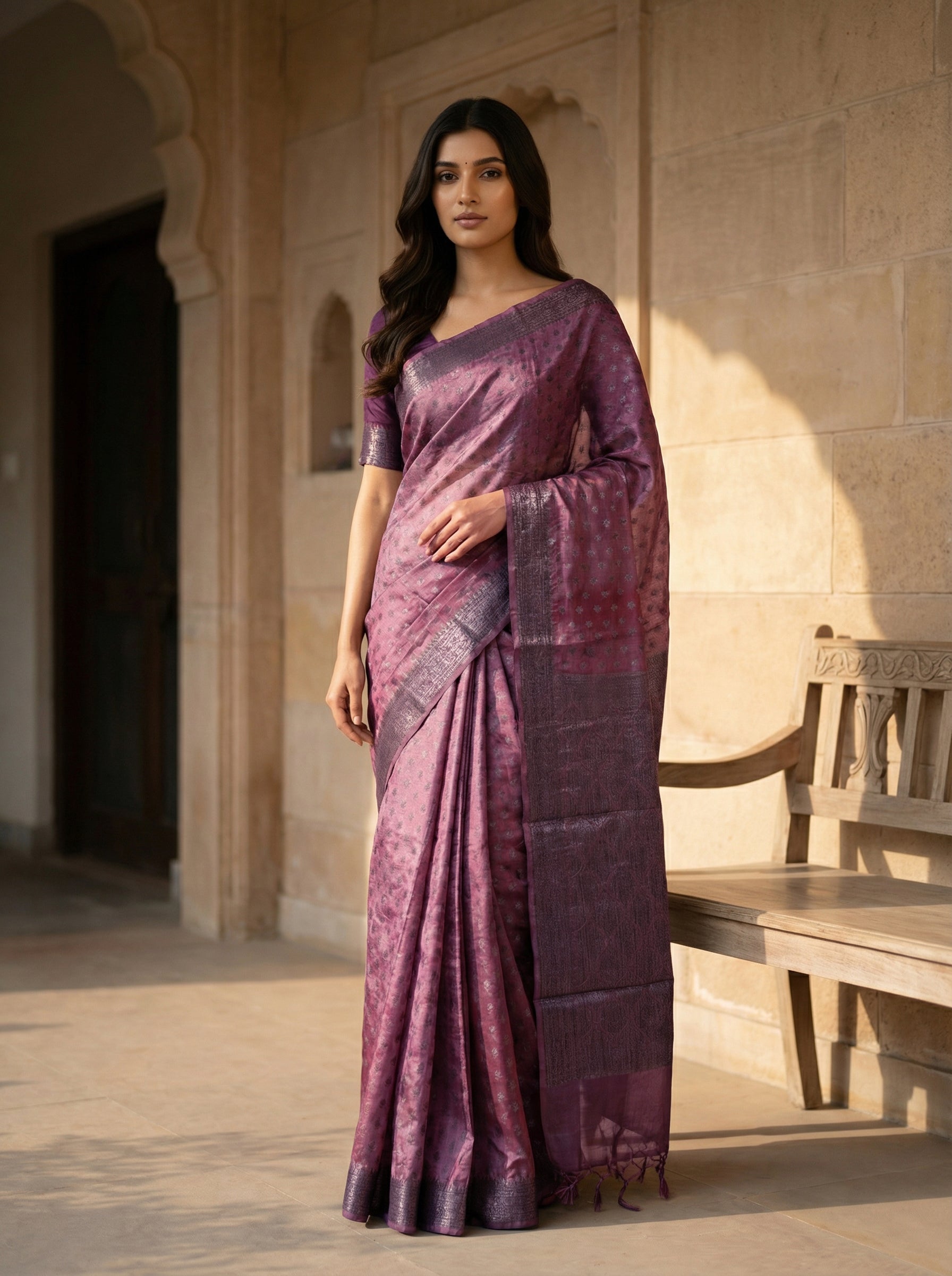 Pink Tusser Silk Saree With Antique Banarasi Design