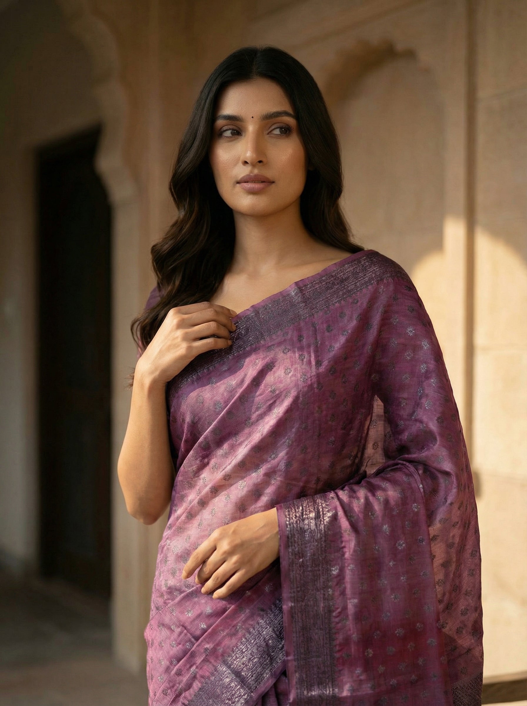 Pink Tusser Silk Saree With Antique Banarasi Design