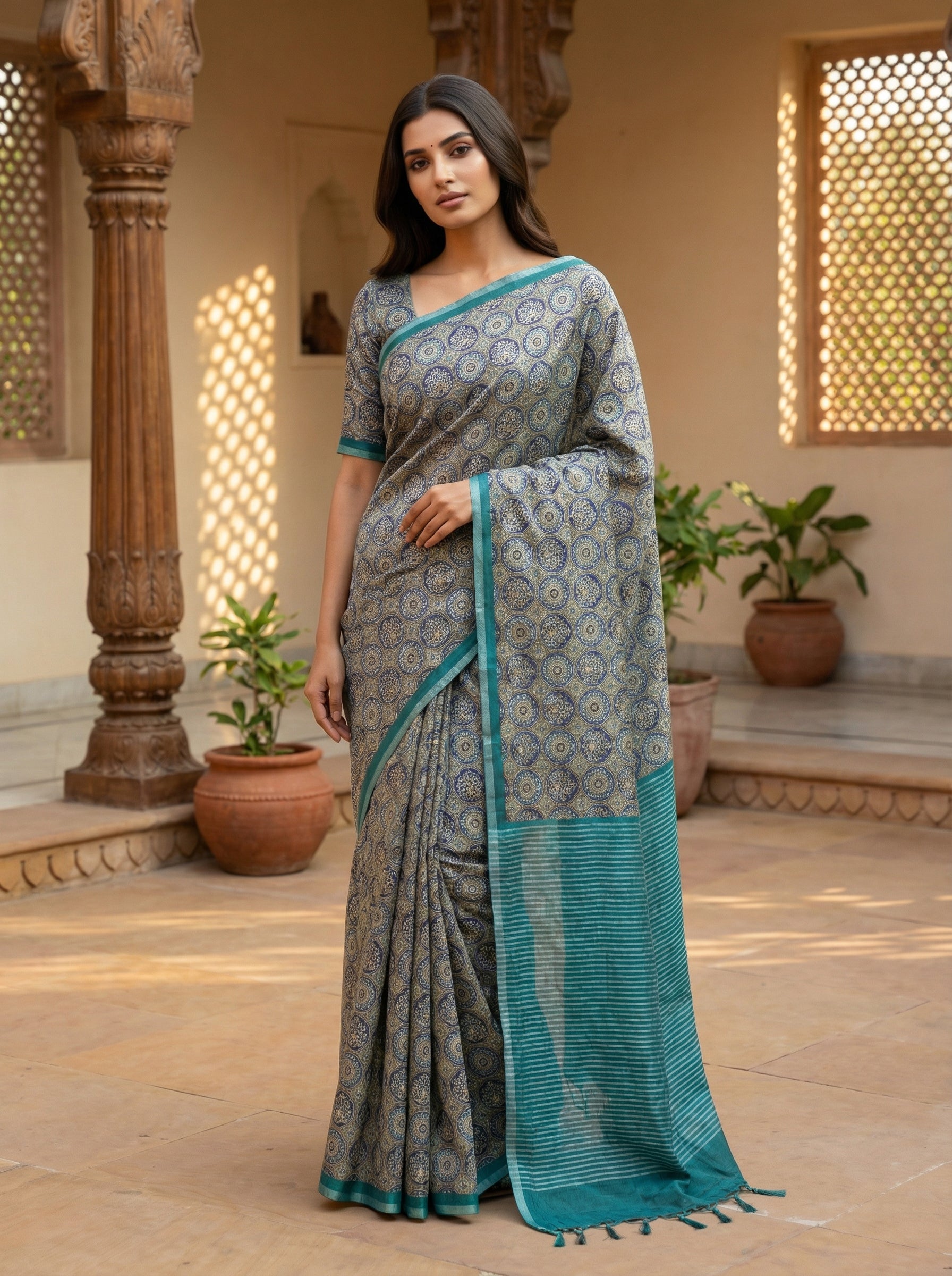 Teal Color Ajrak Printed Semi Tussar Saree