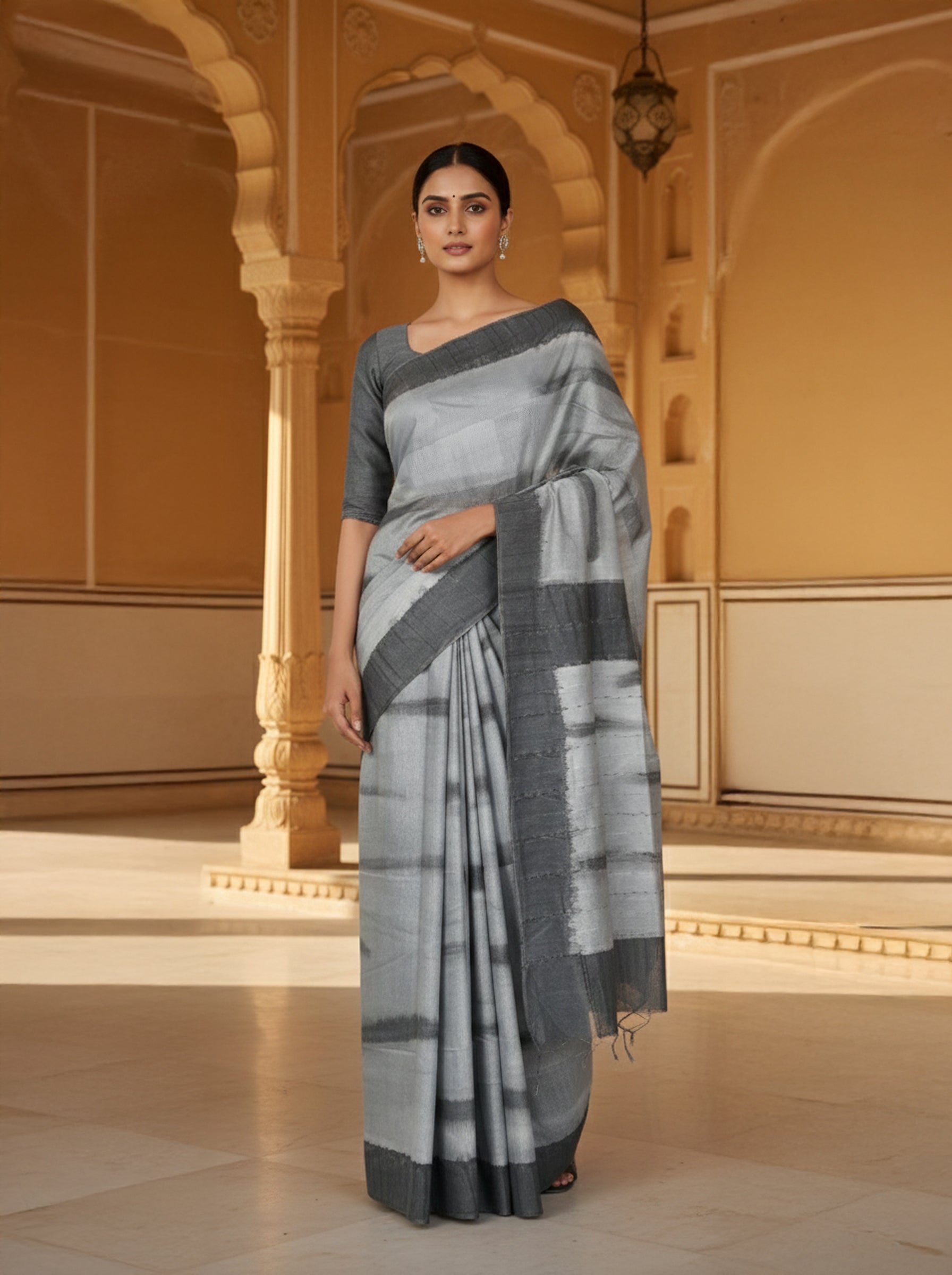 Light Grey Semi Tussar SareeWith Dark Grey Border