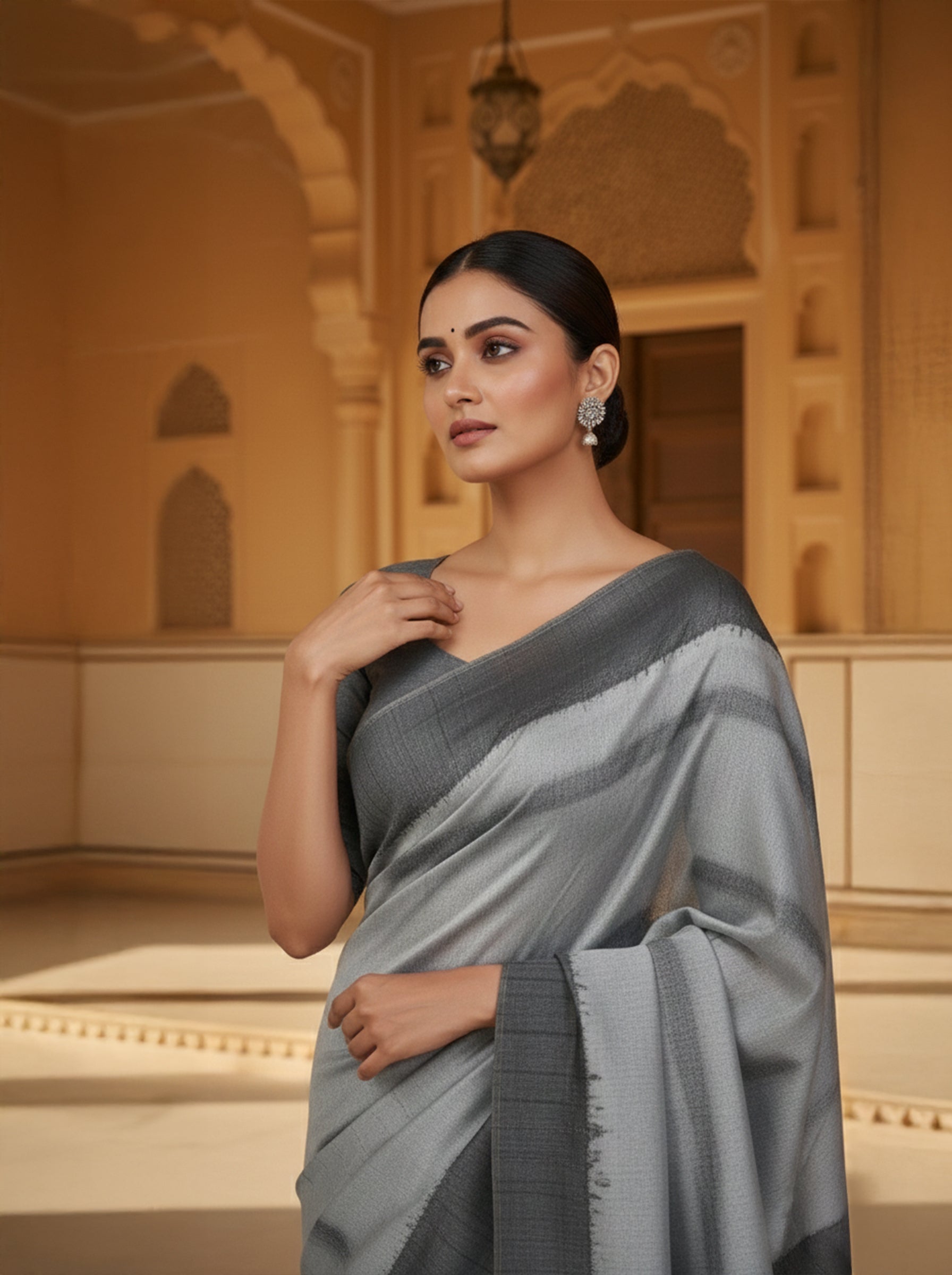 Light Grey Semi Tussar SareeWith Dark Grey Border