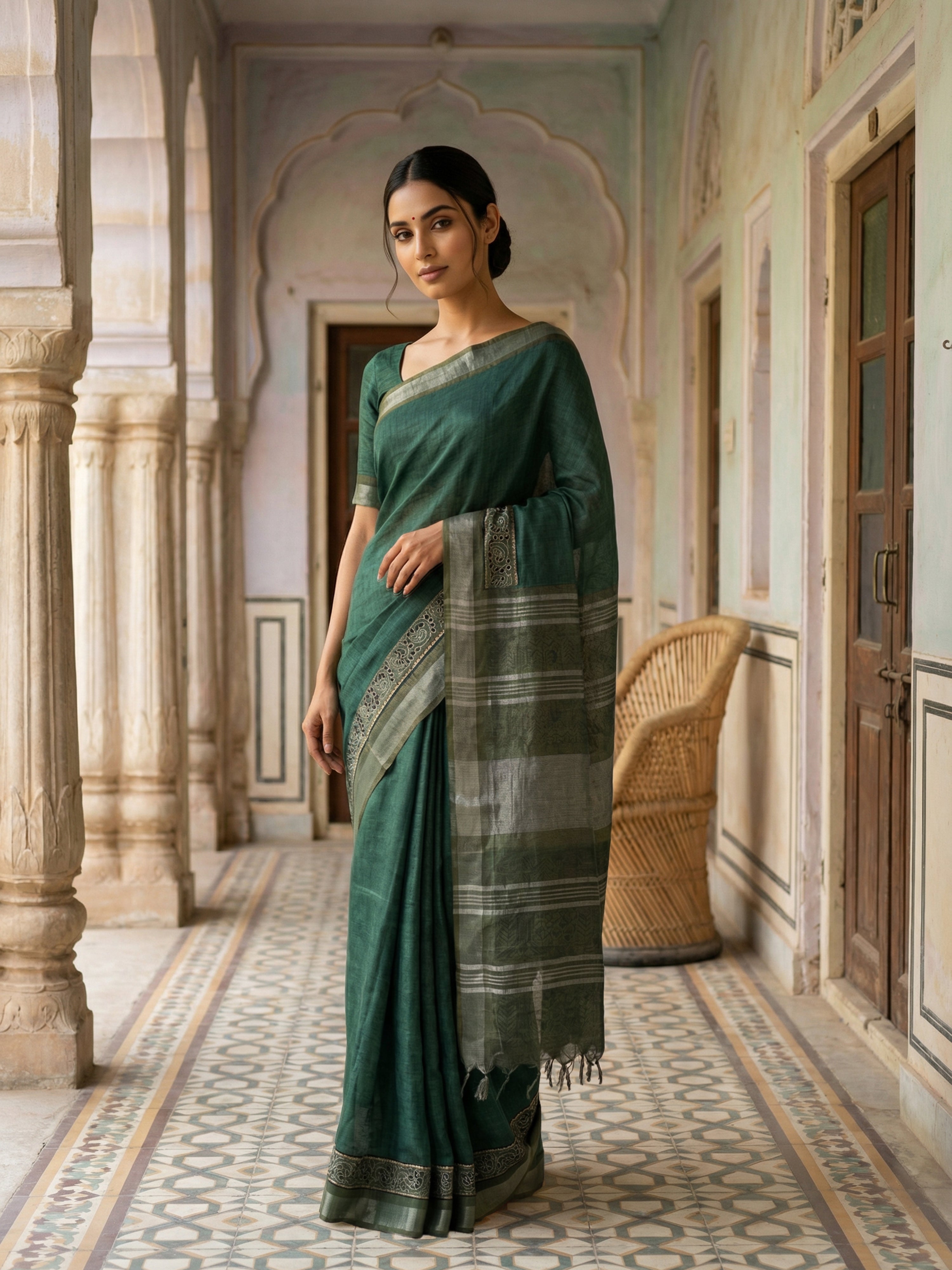 Peacock Green Semi Tussar Saree With Dark Olive Green Border