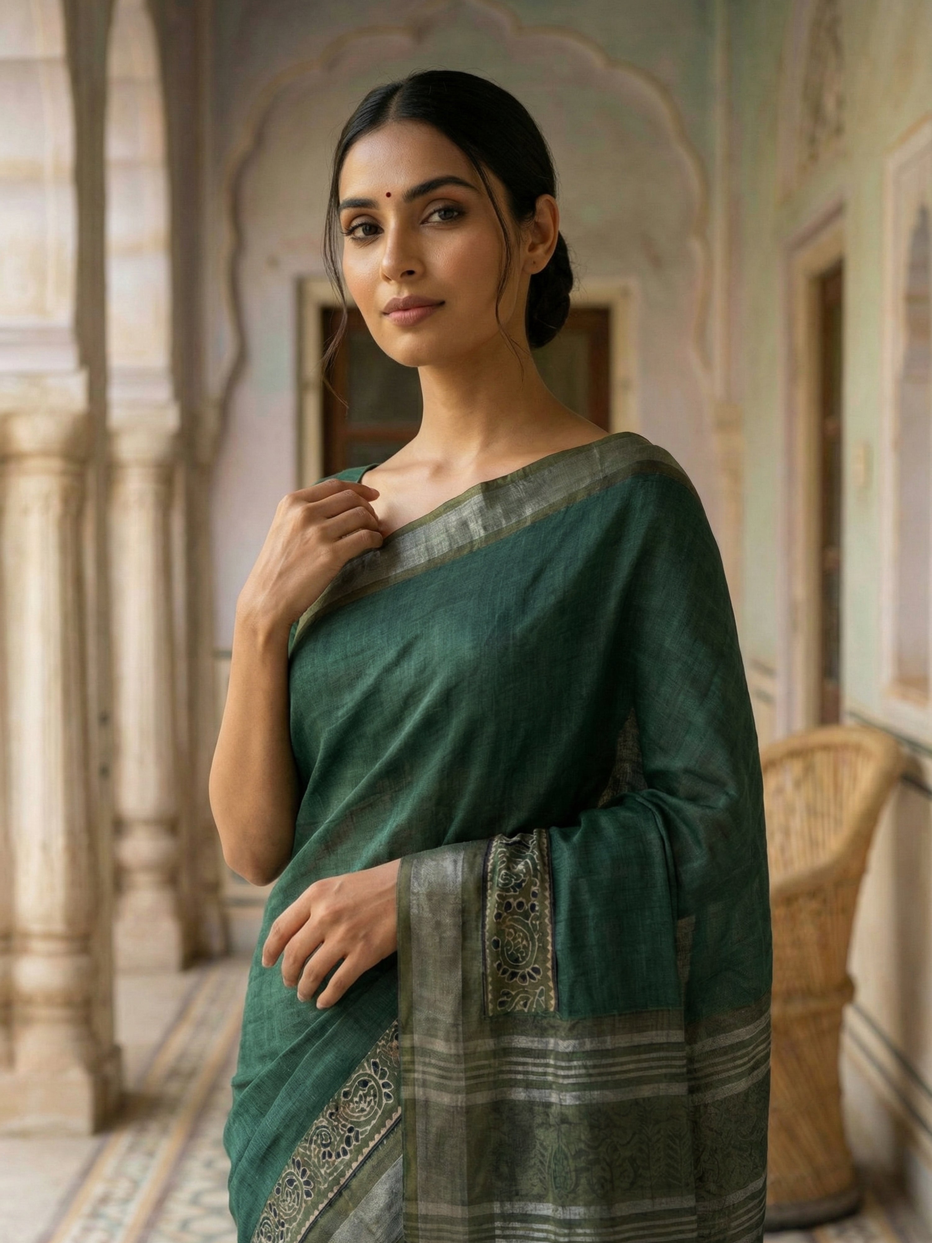 Peacock Green Semi Tussar Saree With Dark Olive Green Border