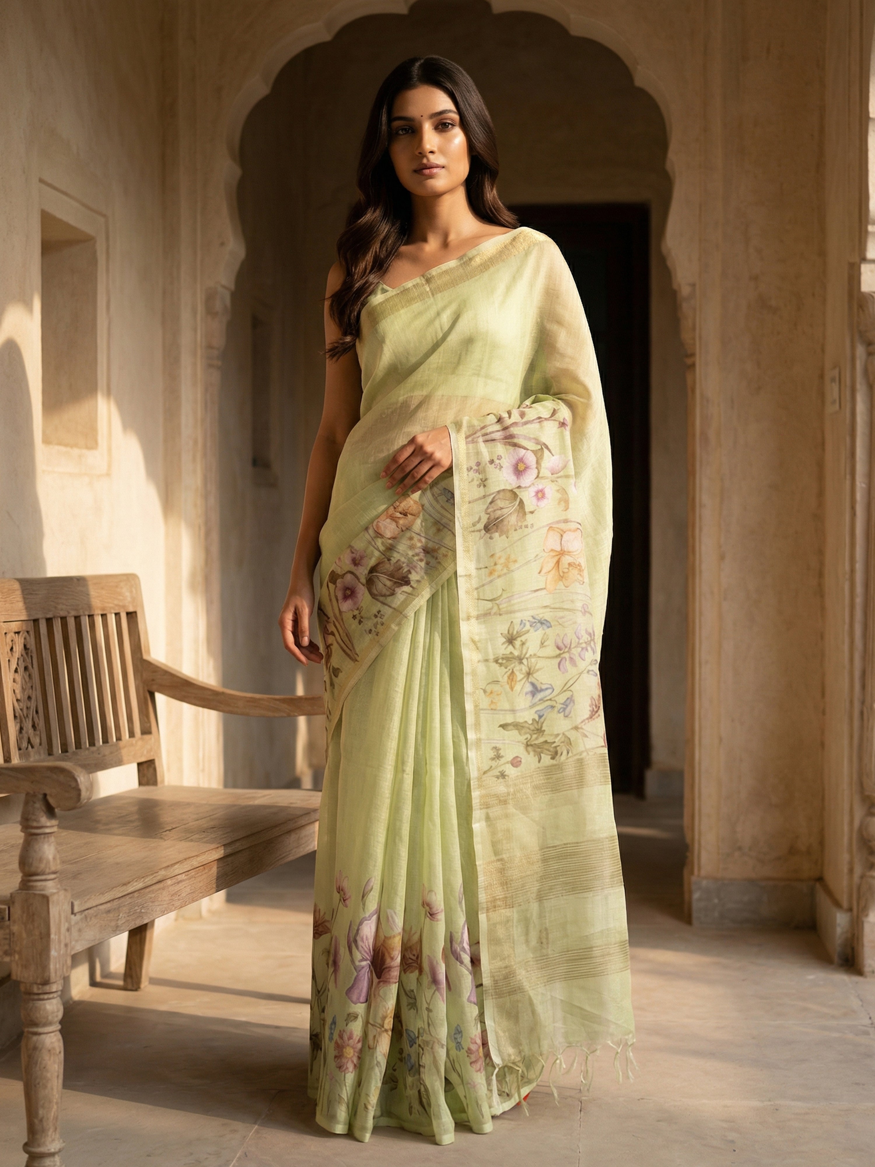 Elegant Light Green Floral Printed Tusser Silk Saree with Subtle Gloss Finish