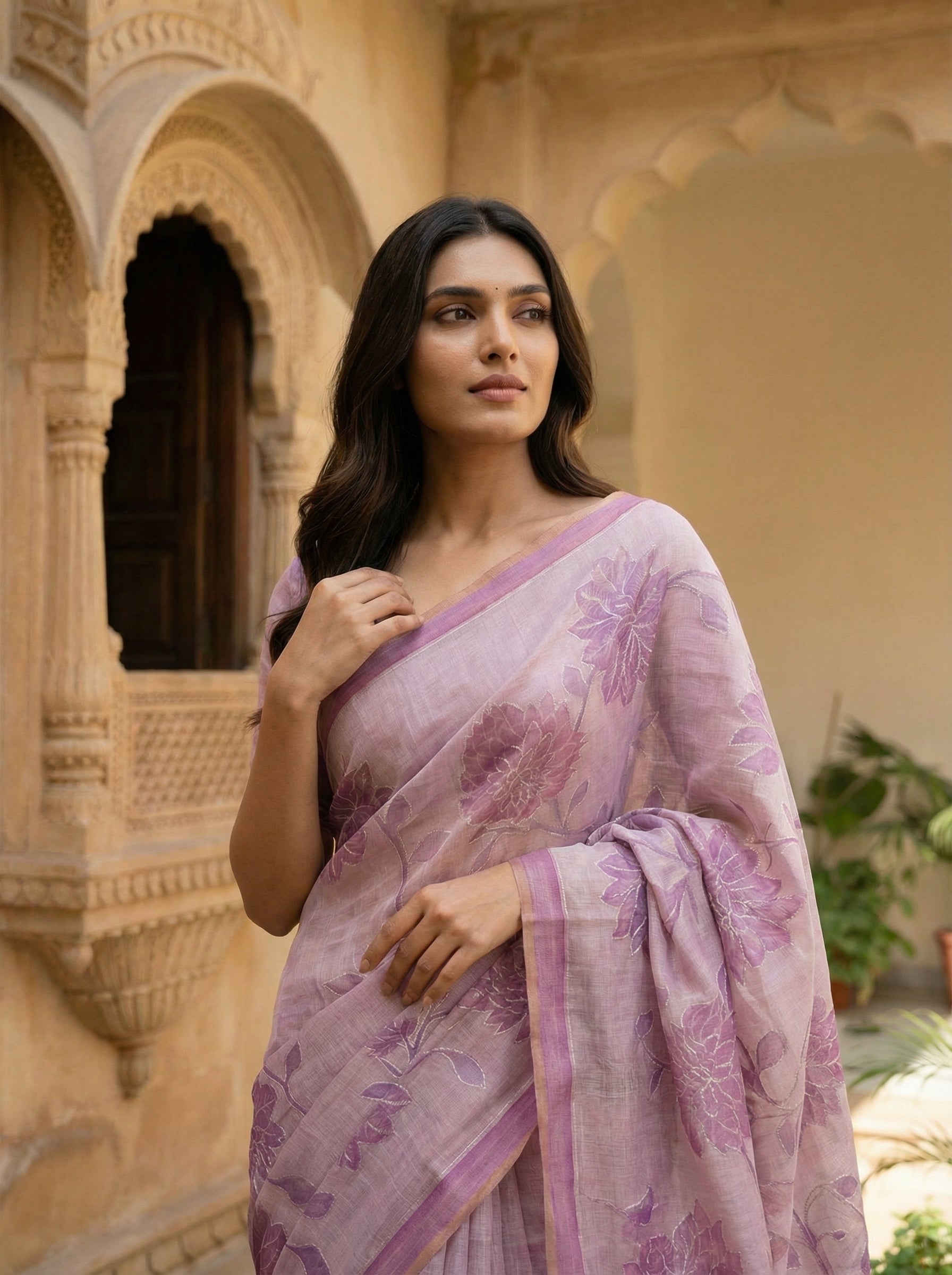 Lavender Pink Floral Printed Ethnic Wear Saree