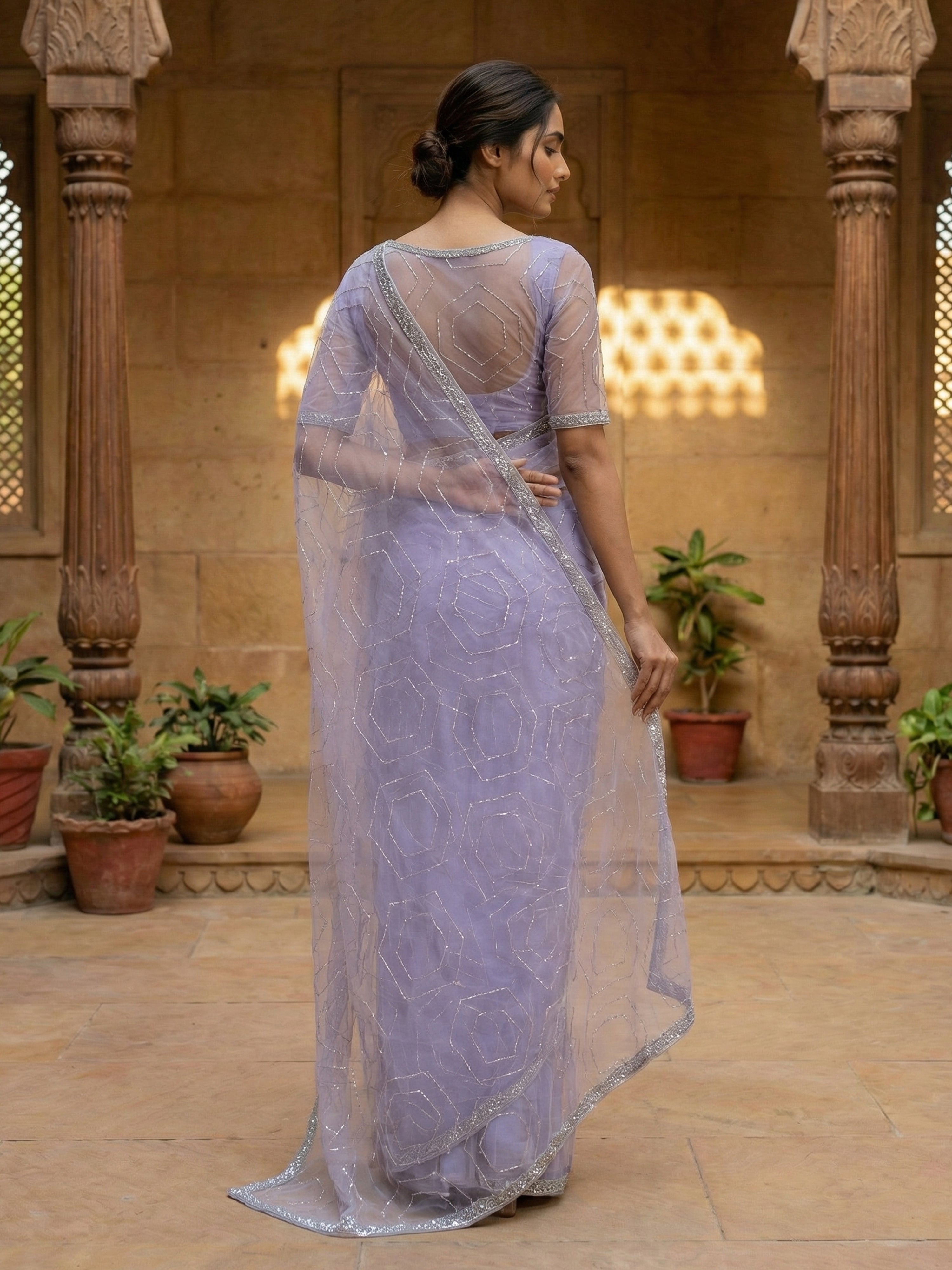 Lavender Ethnic Wear Sequin Work Net Saree