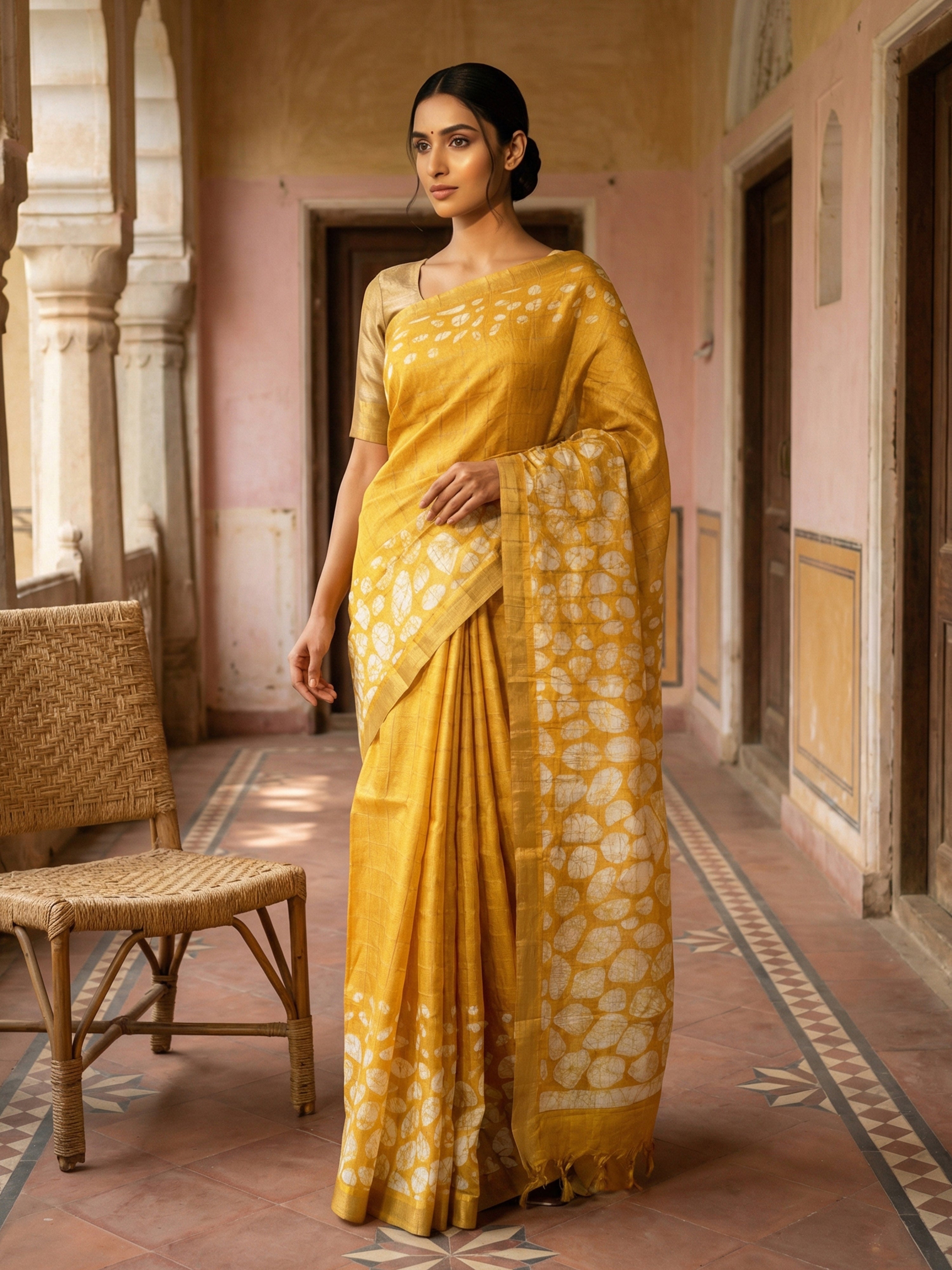 Pure Tussar Silk Saree in Mustard Yellow with Checked Body and Batik-Style Printed Pallu